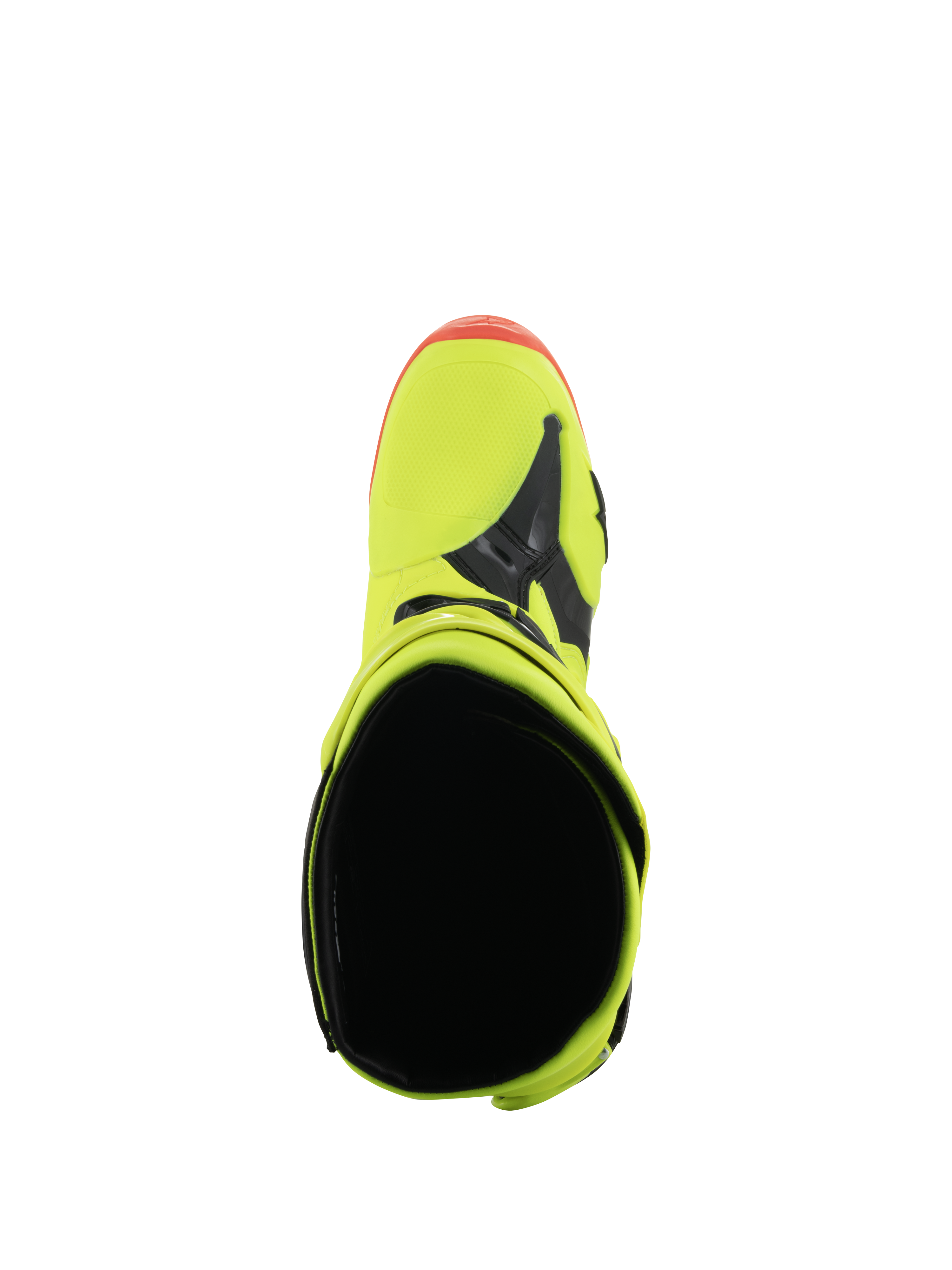 Alpinestars Tech 10 Stiefel, Motocross-Stiefel, Gelb Fluo, Schwarz und Rot Fluo, Draufsicht mit Fokus auf die Einstiegsöffnung und den Zehenbereich, leuchtende Neonfarben mit schwarzen Akzenten, professionelles Schuhwerk für den Offroad-Rennsport