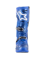 Alpinestars Tech 10 Motocross Boots, Blue and Black, front view, featuring white Astars logo on the shin plate, black and silver triple buckle closure system, durable TPU shell construction for off-road performance