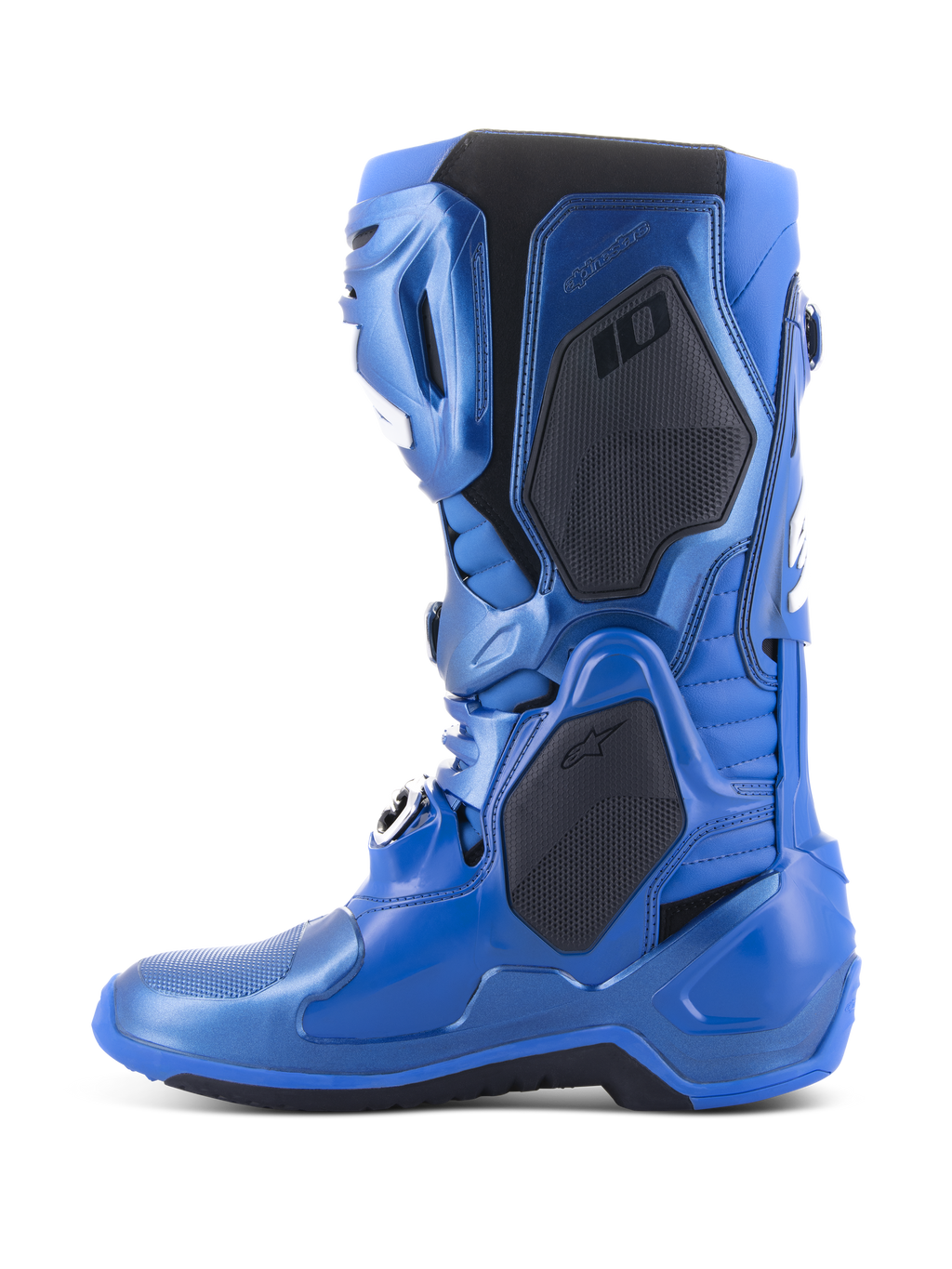 Alpinestars Tech 10 Boots, Motocross Boots, Metallic Blue and Black, side profile view showing black protective panels and metallic blue finish, advanced technical design for professional motocross racing