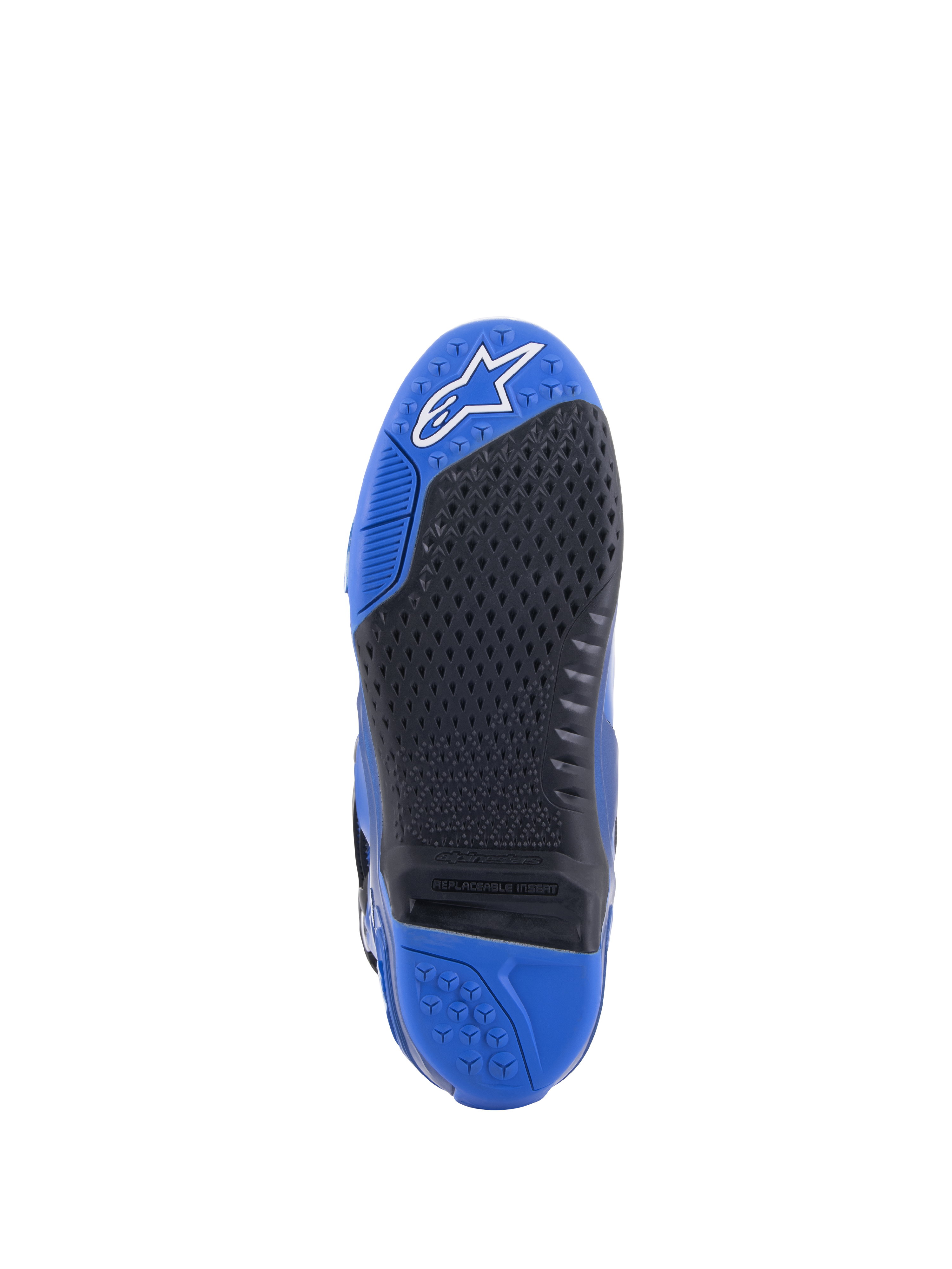 Alpinestars Tech 10 Boots, Blue and Black, detailed view of the sole, featuring a textured black grip pattern with a replaceable central insert, blue toe with white logo, and blue heel, high-performance motocross boot design
