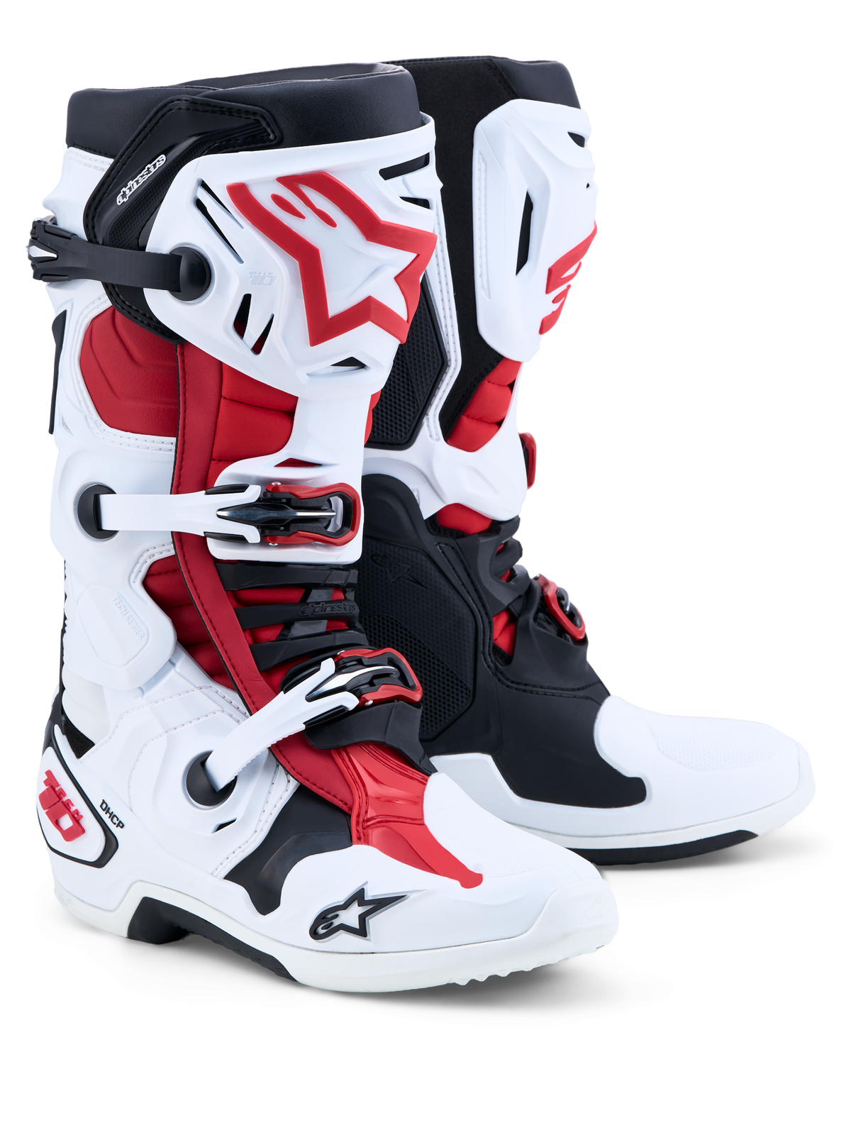 Alpinestars Tech-10 laarzen, motorlaarzen voor motocross, wit, zwart en felrood, CE-gecertificeerd met TPU-schaal.