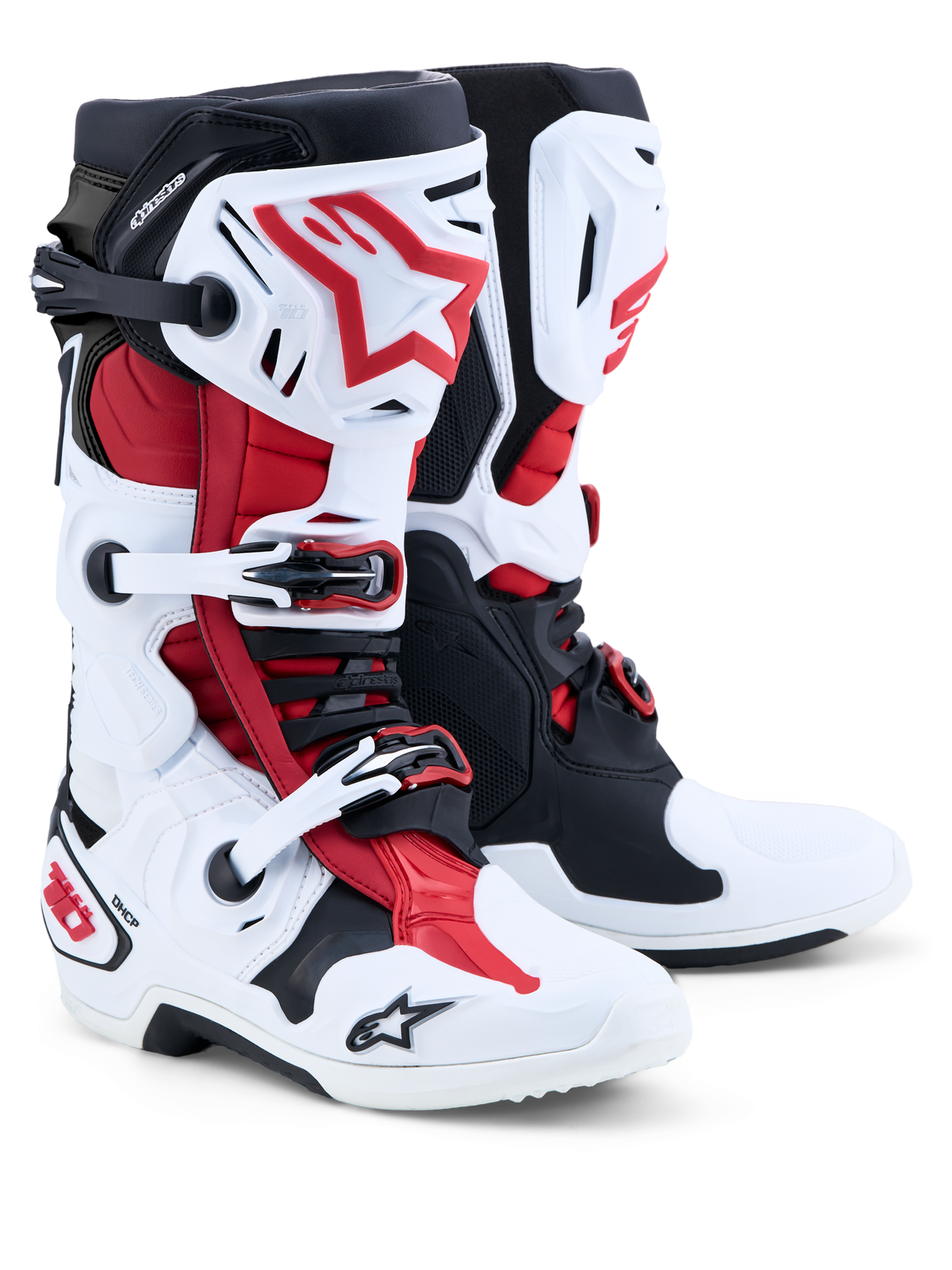 Alpinestars Tech 10 laarzen, motorcrosslaarzen, wit, zwart en felrood, aanzicht van een paar met focus op TPU-beschermingsplaten, gespsluitsysteem en DHCP-hielondersteuning.