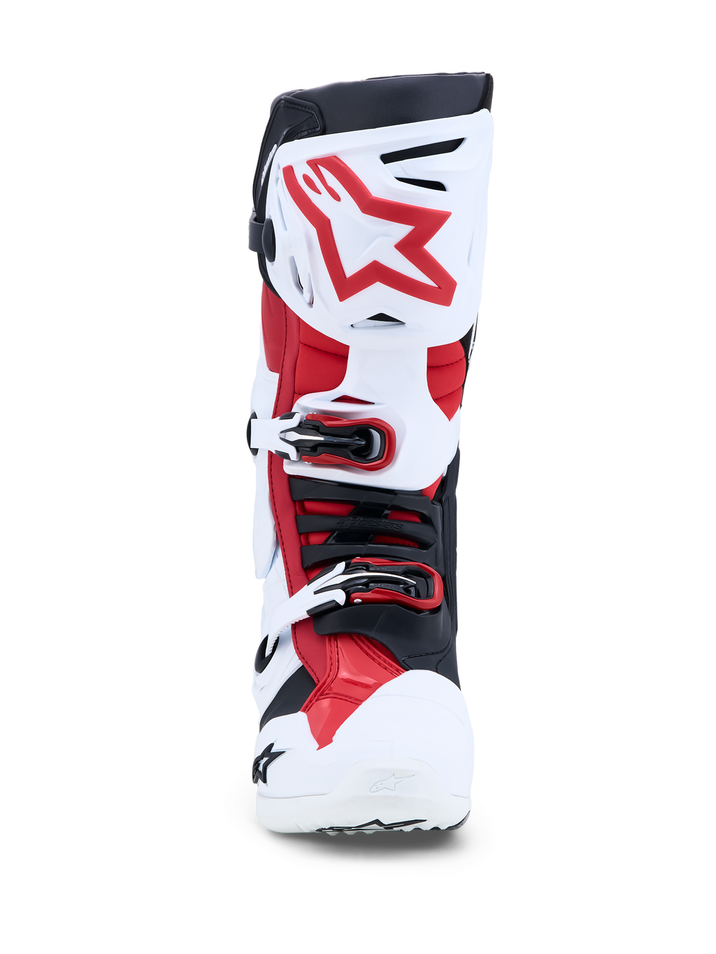 Alpinestars Tech-10 laarzen, professionele motocrosslaarzen voor heren, wit en helder rood, met geavanceerde enkelbescherming en gespsluiting, CE-gecertificeerd.