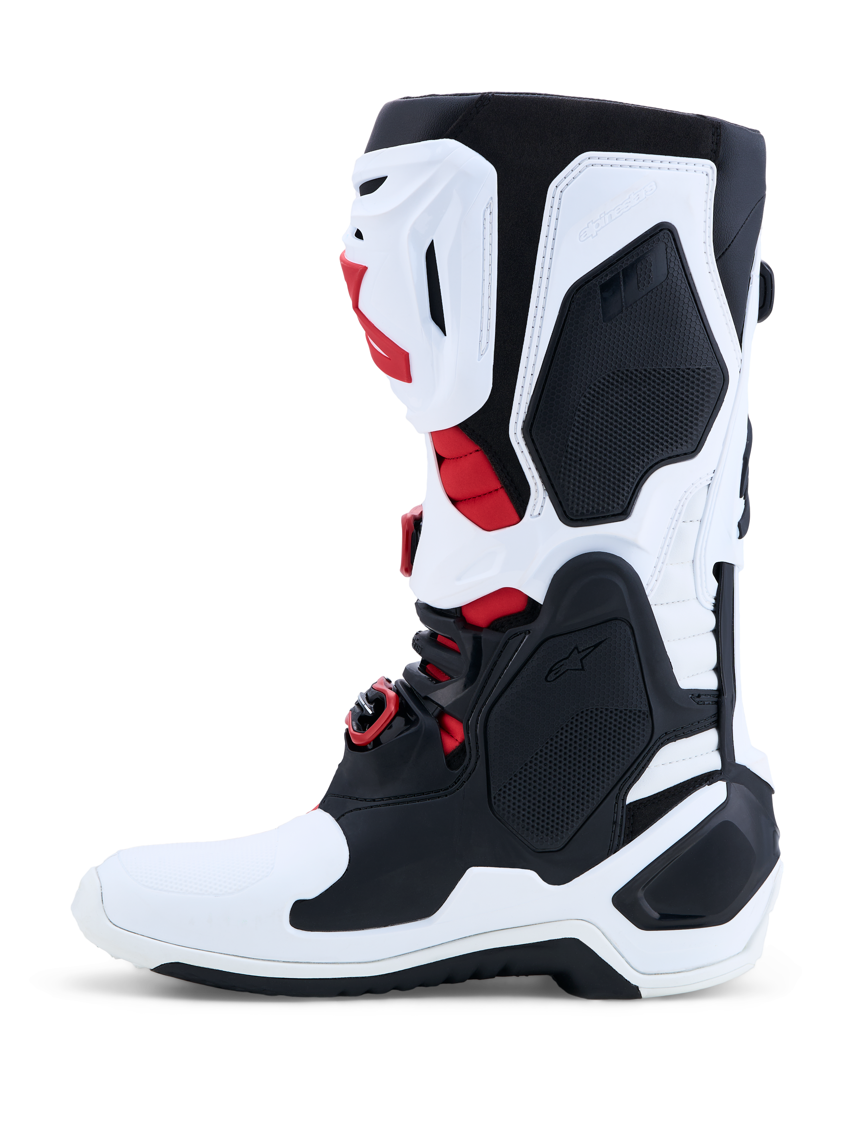 Alpinestars Tech-10 laarzen, motocrosslaarzen voor heren, wit en zwart met rood, CE-gecertificeerd met TPU-schaal.