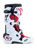 Alpinestars Tech-10 motorcrosslaarzen, wit, zwart en felrood, met DHCP-bescherming en een dubbel scharniersysteem, CE-gecertificeerd voor professioneel off-road gebruik.