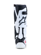 Alpinestars Tech-10 laarzen, wit en zwart, motocross motorlaarzen met achterblad hyperextensiecontrole.