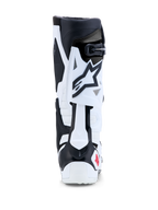 Alpinestars Tech 10 laarzen, motorcross- en off-road racinglaarzen, wit en zwart met rode accenten, achteraanzicht met TPU-achterblad voor flexiecontrole en hielbescherming.