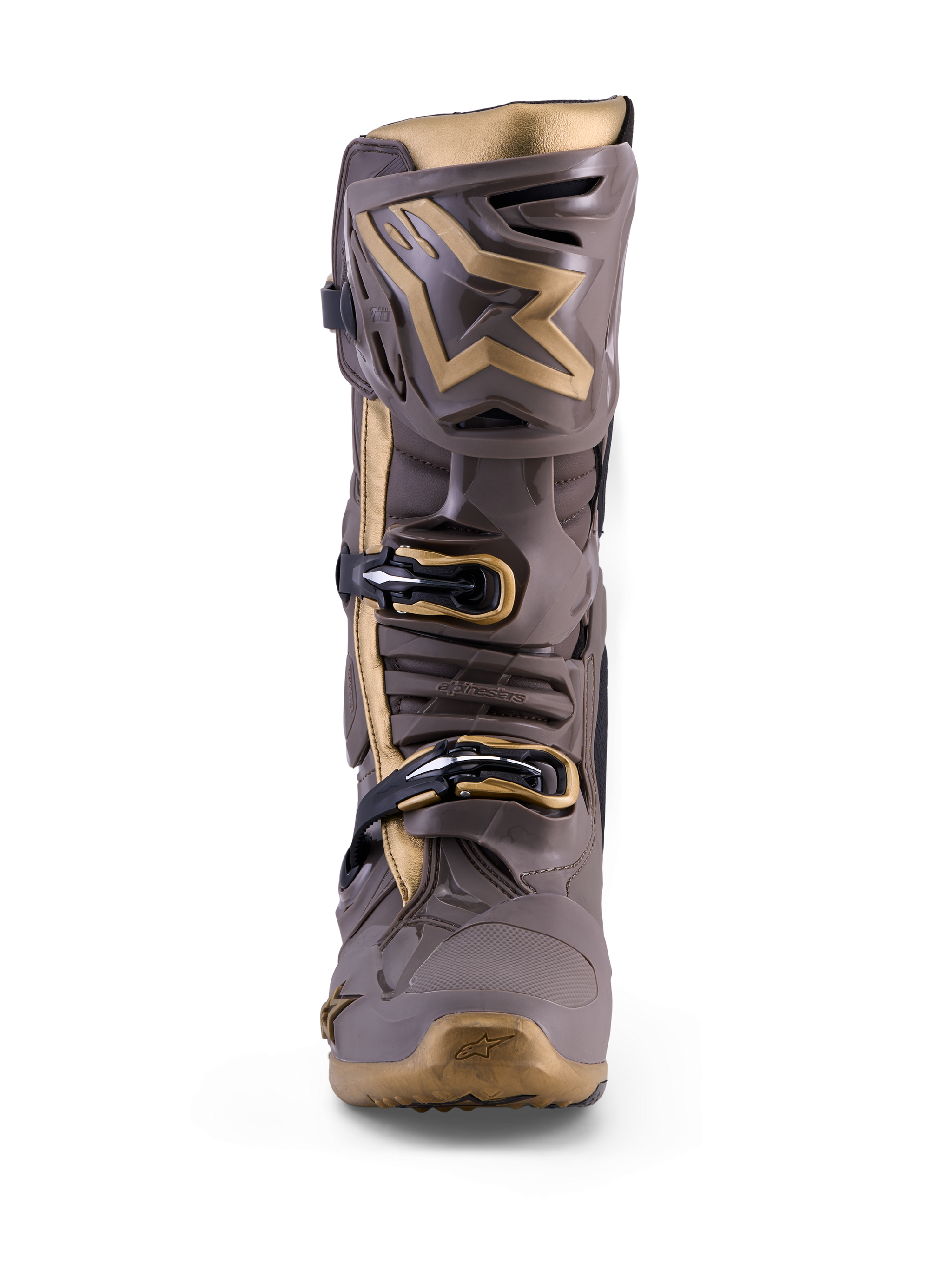 Alpinestars Tech 10 Air Gold Motocross-Stiefel in Earth Brown Gold mit TPU-Rüstung und metallisch-goldenen Akzenten.