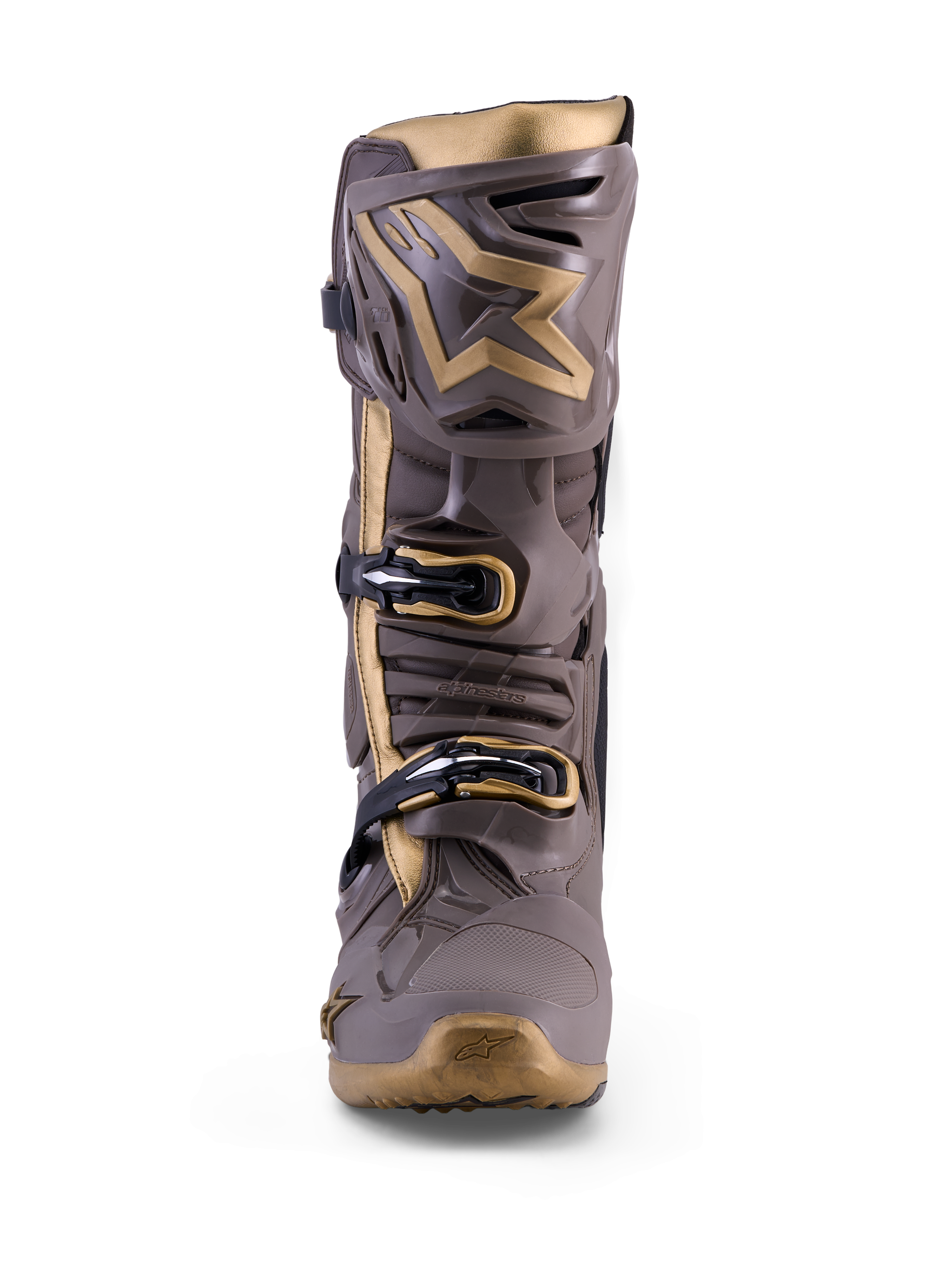 Alpinestars Tech 10 Air Gold motocross boot in Earth Brown Gold with TPU armor and metallic gold accents.
