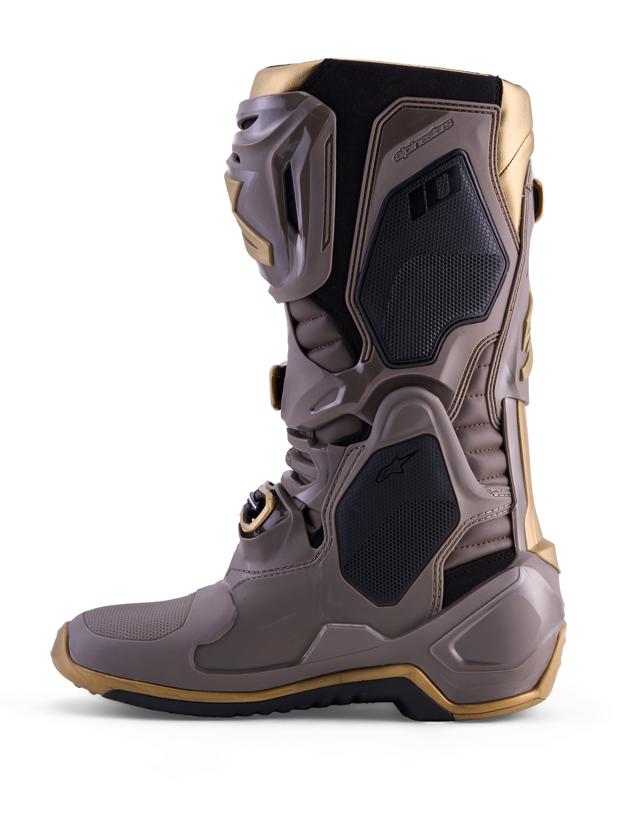 Alpinestars Tech 10 Air Gold Stiefel in Earth Brown Gold mit schützender TPU-Schale und goldenen Metallic-Akzenten.