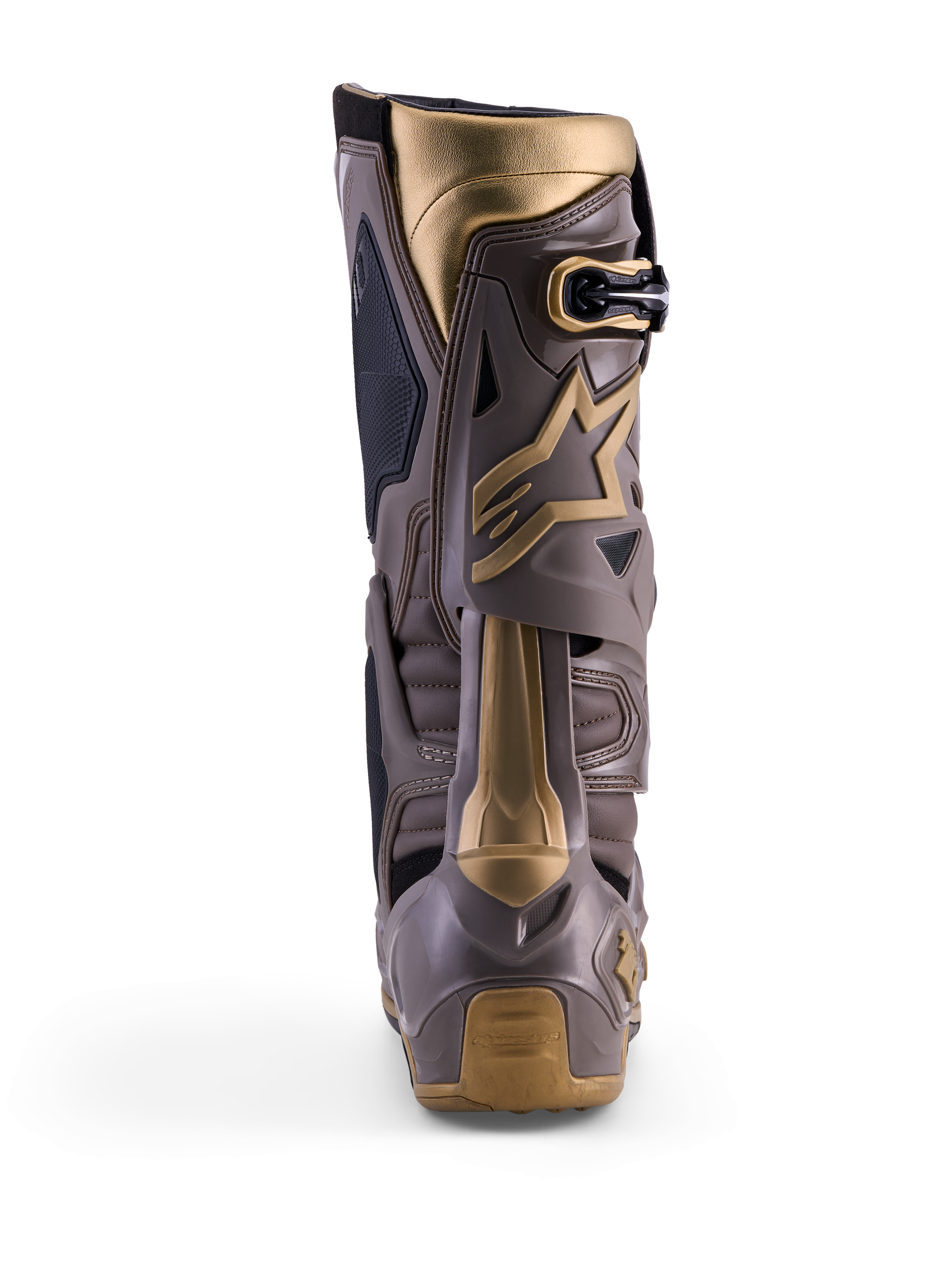Alpinestars Tech 10 Air Gold Motocross-Stiefel, Rückansicht in Earth Brown Gold mit TPU-Schale und Gold-Akzenten.