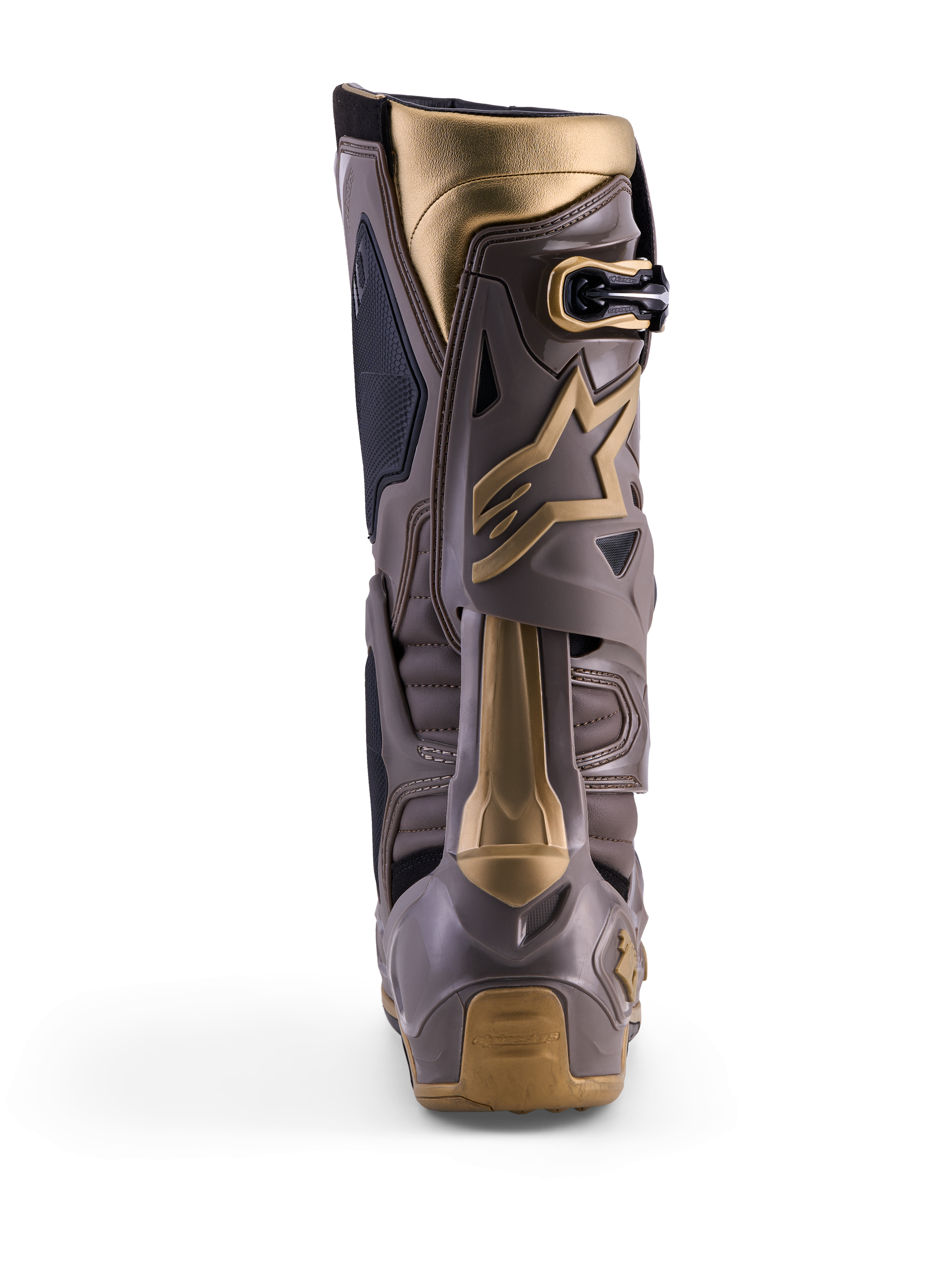 Alpinestars Tech 10 Air Gold Motocross Boots, rear view in Earth Brown Gold with TPU shell and gold accents.