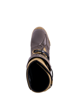 Alpinestars Tech 10 Air Gold Stiefel in Earth Brown Gold, Draufsicht auf TPU-Schale und Innenfutter.
