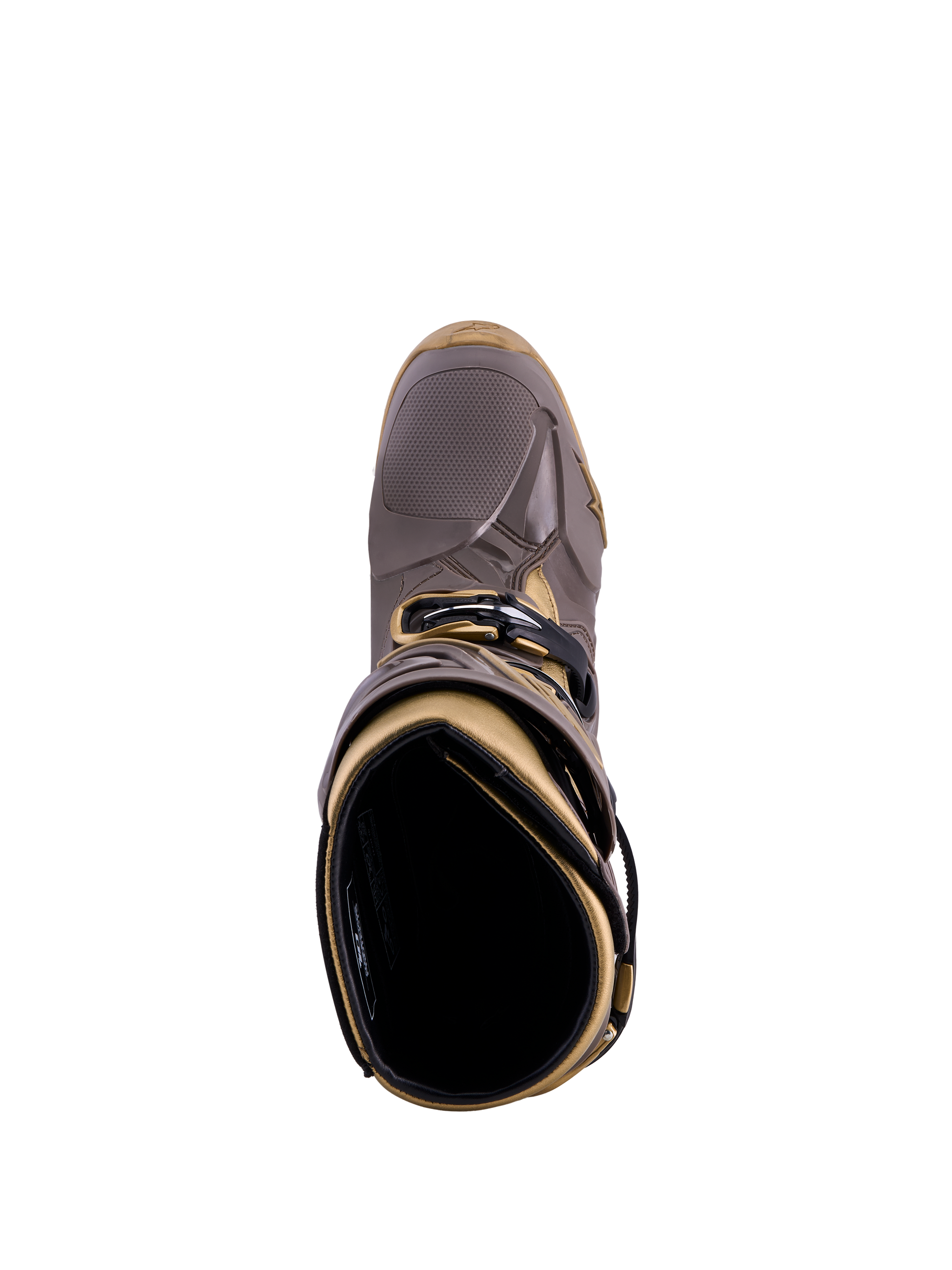 Alpinestars Tech 10 Air Gold Stiefel in Earth Brown Gold, Draufsicht auf TPU-Schale und Innenfutter.