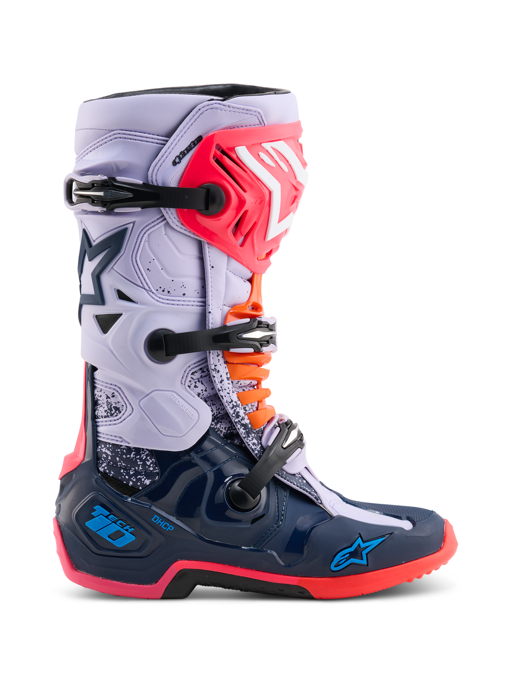 Alpinestars Limited Edition Tech 10 Records laarzen, motorcross laarzen, multicolor met lichtpaarse bovenkant en marineblauwe schaal, roze en oranje accenten, drievoudig gespsysteem, hoogwaardig beschermend schoeisel voor off-road rijden