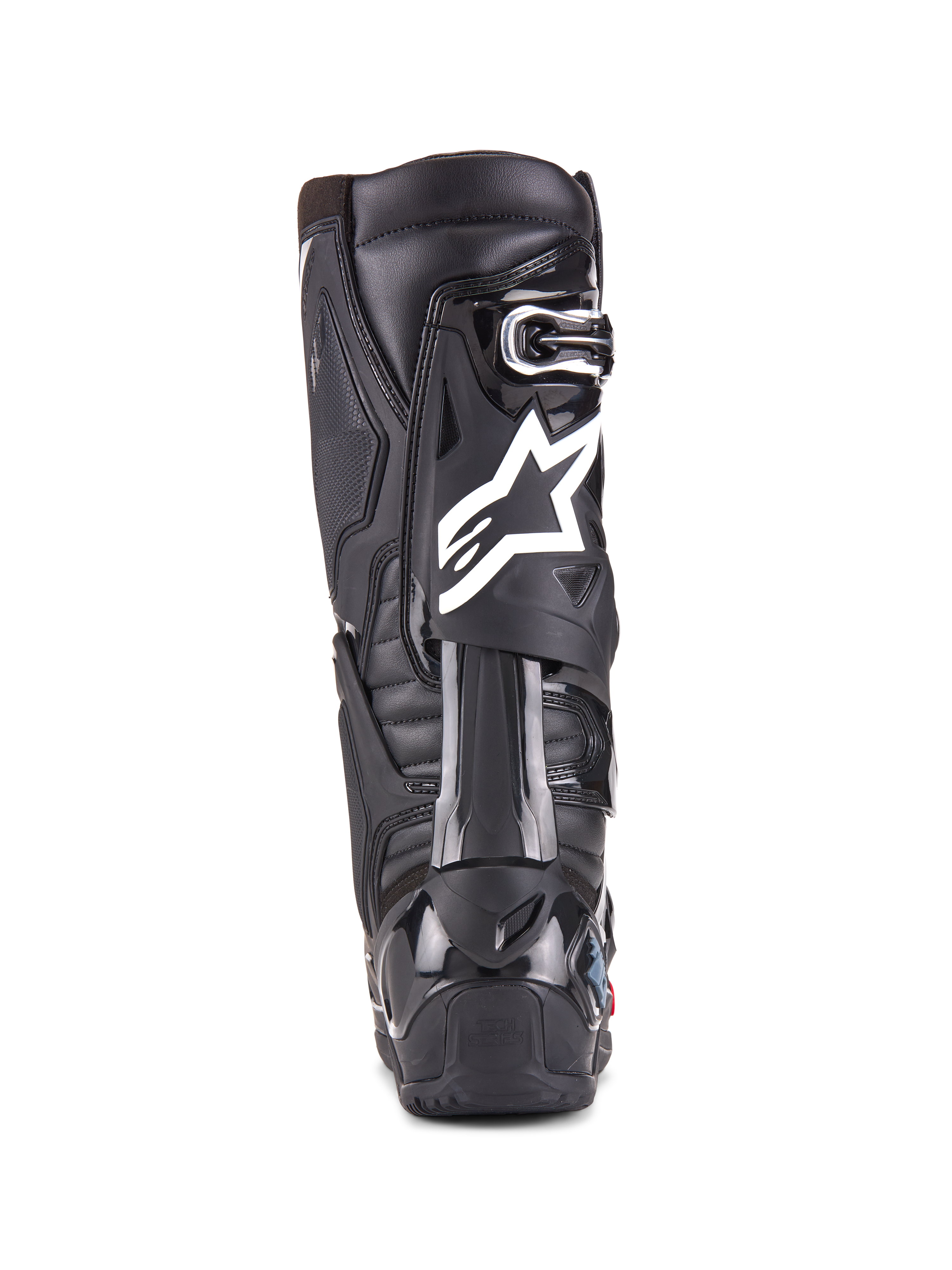 Alpinestars Tech 10 Enduro Stiefel, Schwarz, Rückansicht eines einzelnen Stiefels mit weißem Alpinestars-Logo, strapazierfähigem TPU-Fersenschutz und robustem Enduro-Sohlendesign für den Offroad-Rennsport
