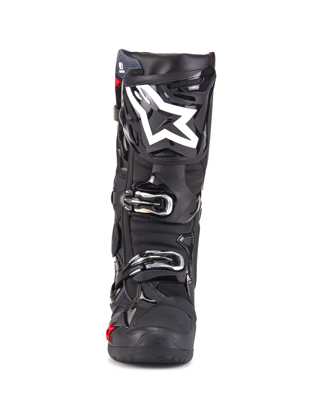 Alpinestars Tech 10 Enduro Stiefel, Motocross-Stiefel, Schwarz, Vorderansicht mit weißem Stern-Logo auf dem Schienbein, silberne Schnallen, elegantes schwarzes Finish mit robusten Schutzpaneelen, Hochleistungsschuhwerk für das Offroad-Fahren