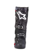 Alpinestars Tech 10 Enduro Stiefel, Motocross-Stiefel, Schwarz, Vorderansicht mit weißem Stern-Logo auf dem Schienbein, silberne Schnallen, elegantes schwarzes Finish mit robusten Schutzpaneelen, Hochleistungsschuhwerk für das Offroad-Fahren