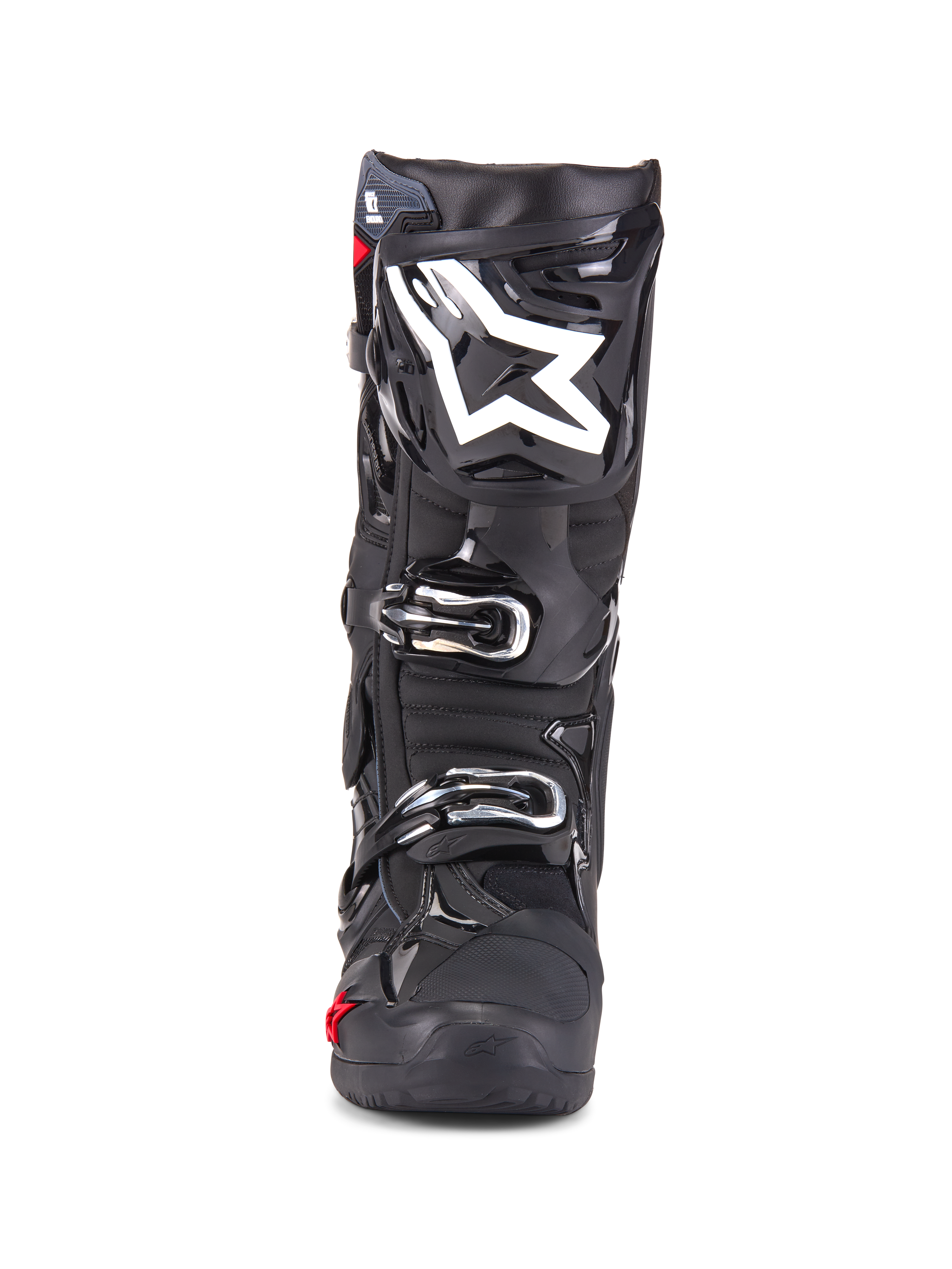 Alpinestars Tech 10 Enduro Stiefel, Motocross-Stiefel, Schwarz, Vorderansicht mit weißem Stern-Logo auf dem Schienbein, silberne Schnallen, elegantes schwarzes Finish mit robusten Schutzpaneelen, Hochleistungsschuhwerk für das Offroad-Fahren