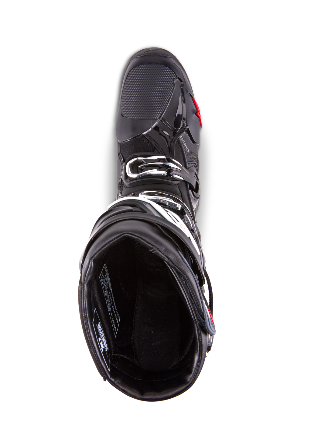 Alpinestars Tech 10 Enduro Stiefel, Motocross-Stiefel, Schwarz, Draufsicht mit Innenfutter, Dreifach-Schnallen-Verschlusssystem und verstärktem Zehenbereich, konzipiert für Hochleistungs-Offroad- und Enduro-Rennsport