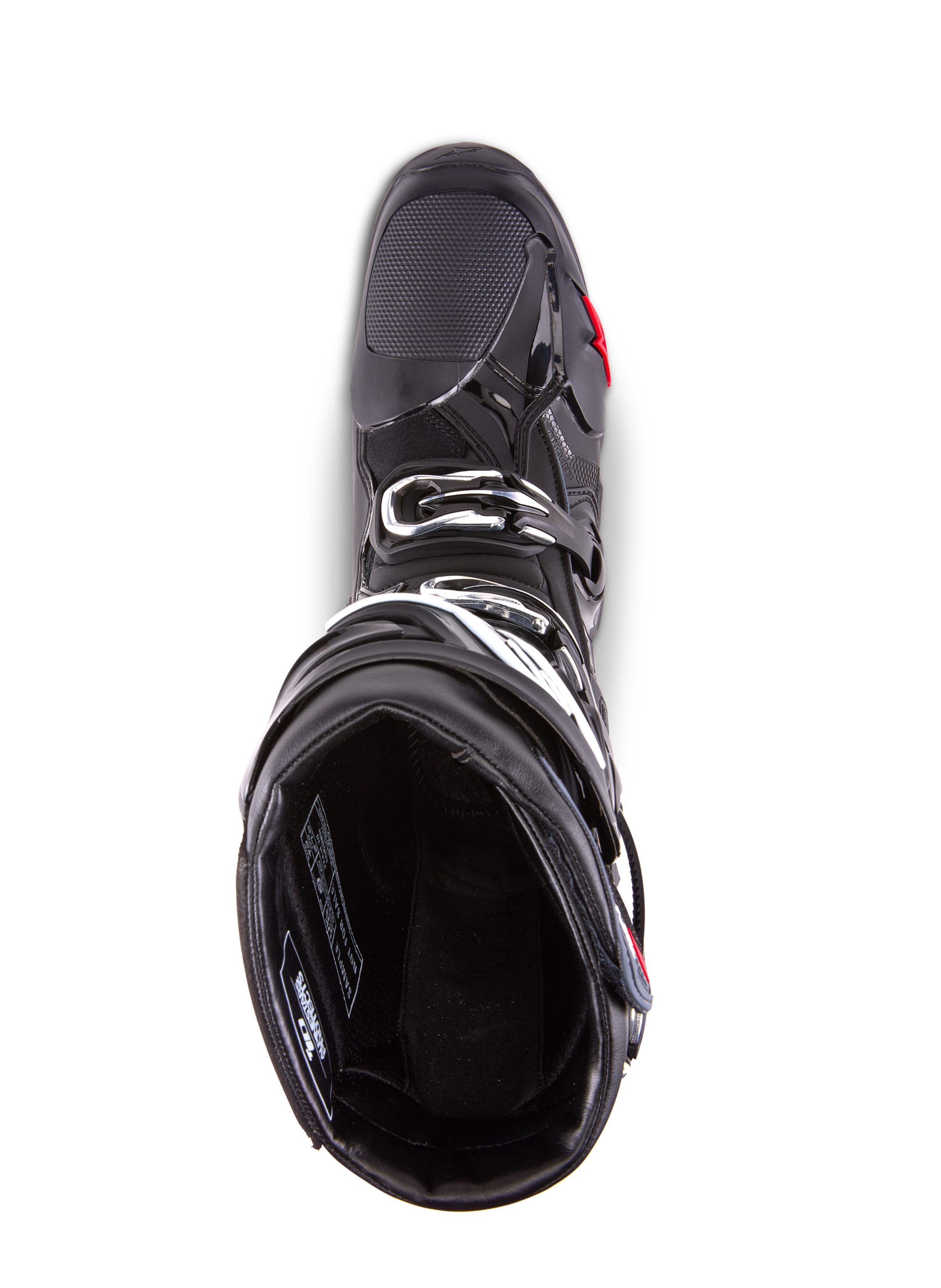 Alpinestars Tech 10 Enduro Stiefel, Motocross-Stiefel, Schwarz, Draufsicht mit Innenfutter, Dreifach-Schnallen-Verschlusssystem und verstärktem Zehenbereich, konzipiert für Hochleistungs-Offroad- und Enduro-Rennsport