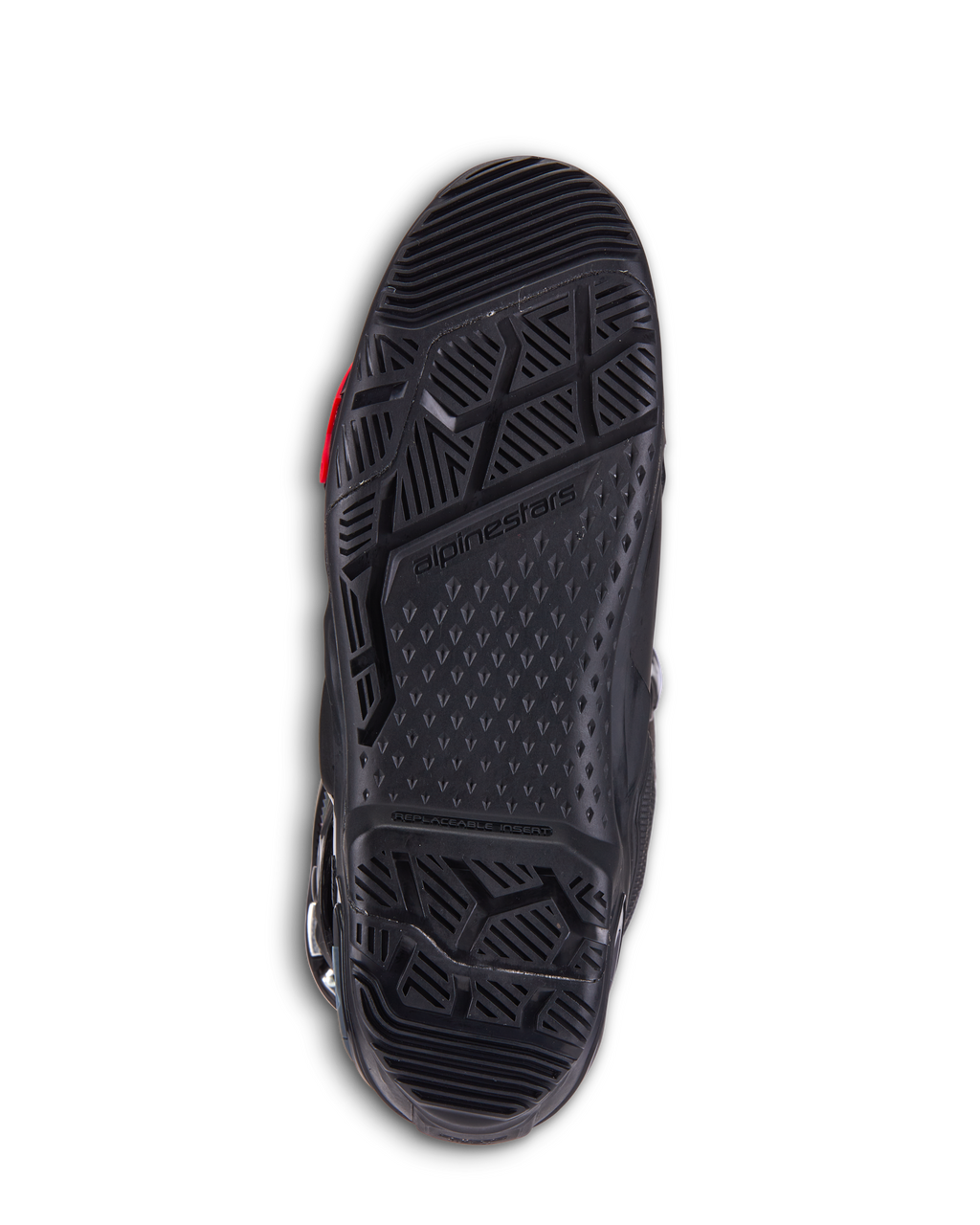 Alpinestars Tech 10 Enduro Stiefel, Schwarze Motocross-Stiefel, Detailansicht der Doppelverbundsohle mit aggressivem Profil, Alpinestars-Branding und austauschbarem Sohleneinsatz für Offroad-Performance