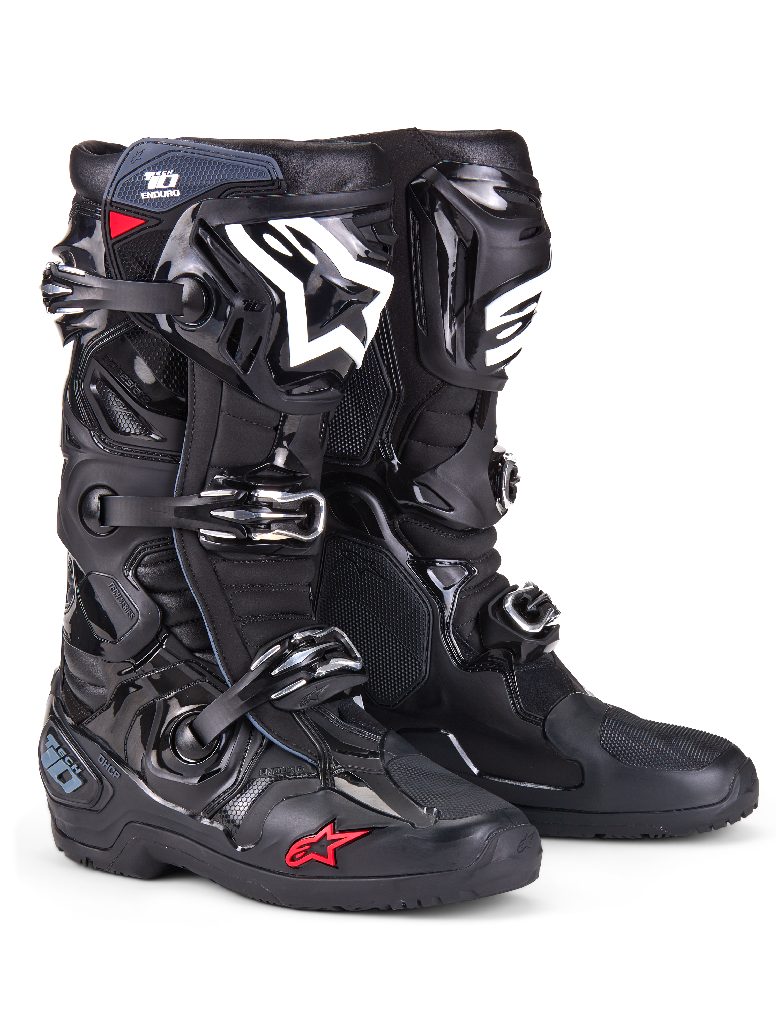 Alpinestars Tech 10 Enduro-Stiefel, Motocross-Stiefel, Schwarz mit weißem Schienbein-Logo und kleinem roten Stern-Detail, mit dreifachem Schnallenverschlusssystem, strapazierfähiger TPU-Verstärkung und spezieller Enduro-Sohle für Offroad-Rennen