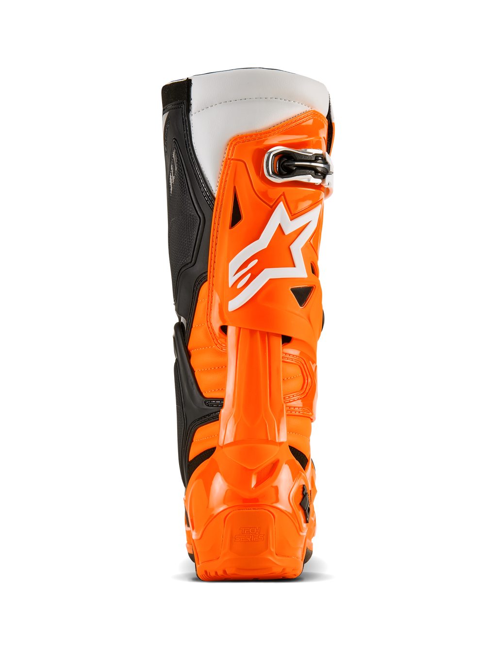 Alpinestars Tech 10 Enduro Stiefel, Rückansicht, Orange Fluo Schwarz Weiß, leuchtend orangefarbene TPU-Schutzschale, weißes Alpinestars-Logo, schwarze Seitenpanele und spezieller Fersenschutz für Offroad-Fahrten