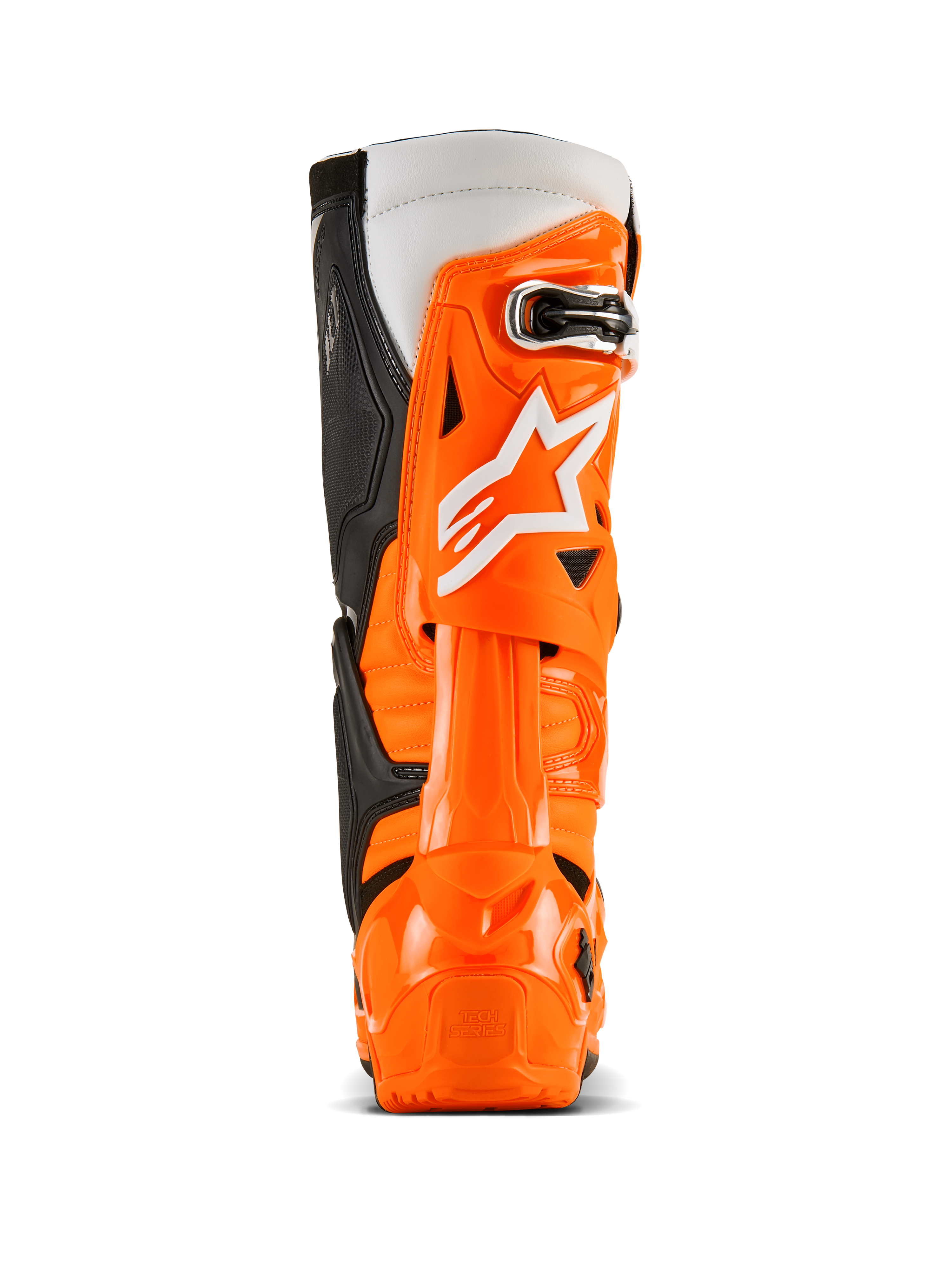Alpinestars Tech 10 Enduro Stiefel, Rückansicht, Orange Fluo Schwarz Weiß, leuchtend orangefarbene TPU-Schutzschale, weißes Alpinestars-Logo, schwarze Seitenpanele und spezieller Fersenschutz für Offroad-Fahrten