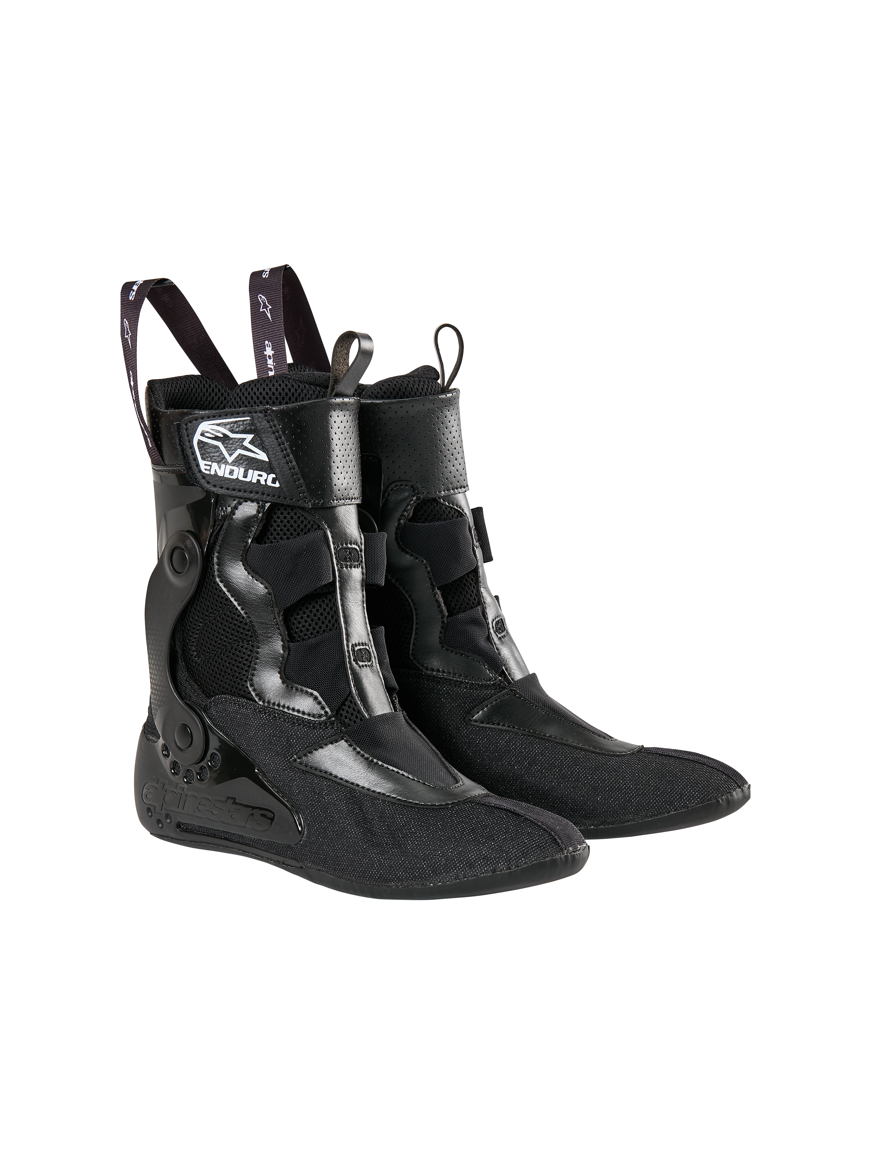 Alpinestars Tech 10 Enduro Inner Booties, schwarze technische Schuheinsätze, mit Mesh- und Synthetikkonstruktion, Alpinestars- und Enduro-Branding am Knöchel, Anziehschlaufen für einfachen Einstieg, entwickelt für Motocross- und Enduro-Rennsport-Unterstützung