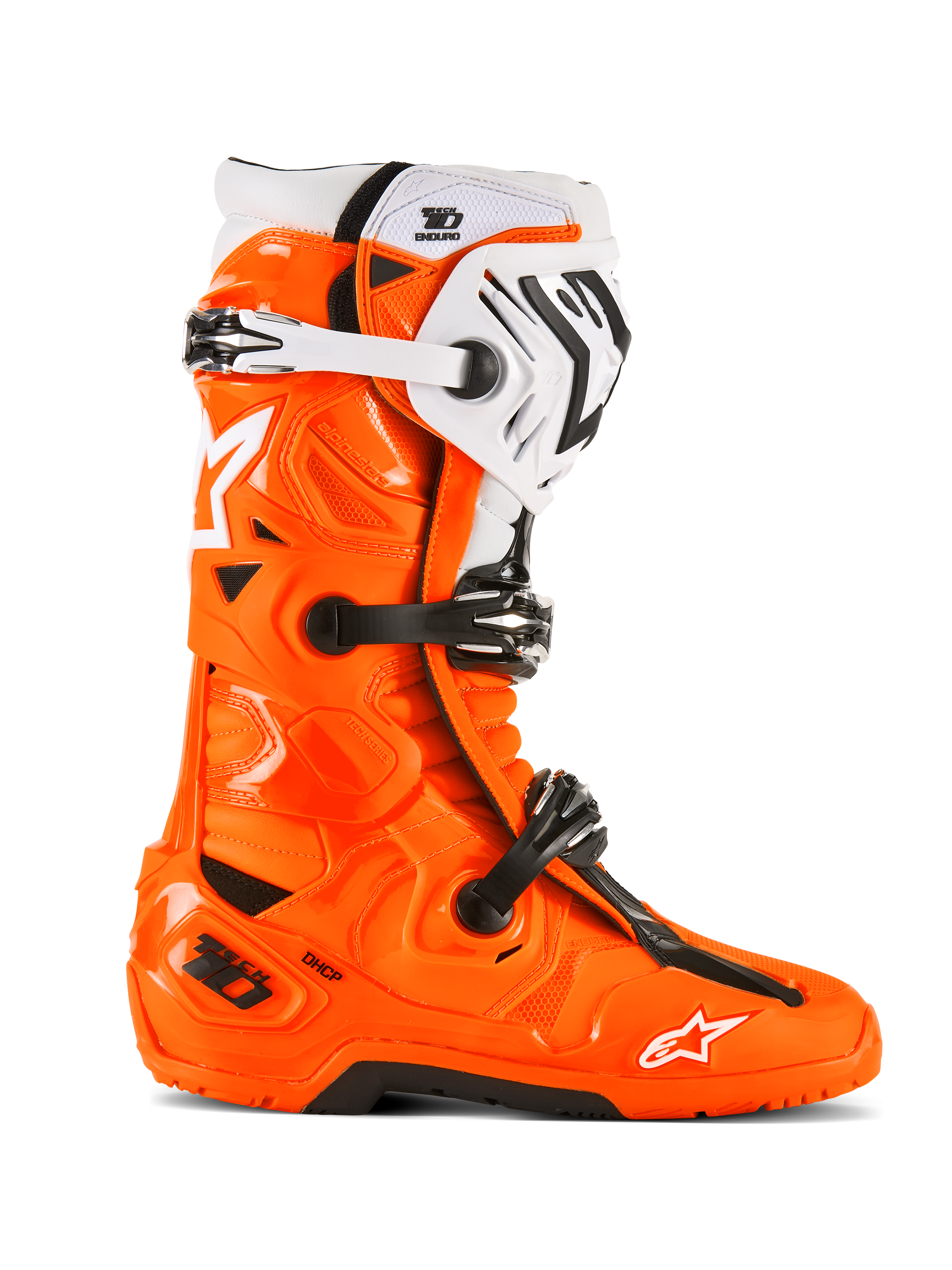 Alpinestars Tech 10 Enduro Stiefel, Motocross-Geländestiefel, Orange Fluo mit schwarzen und weißen Akzenten, Seitenansicht mit dreifachem Schnallenverschlusssystem, robuste schwarze Sohle, schützende TPU-Konstruktion für den Enduro-Einsatz