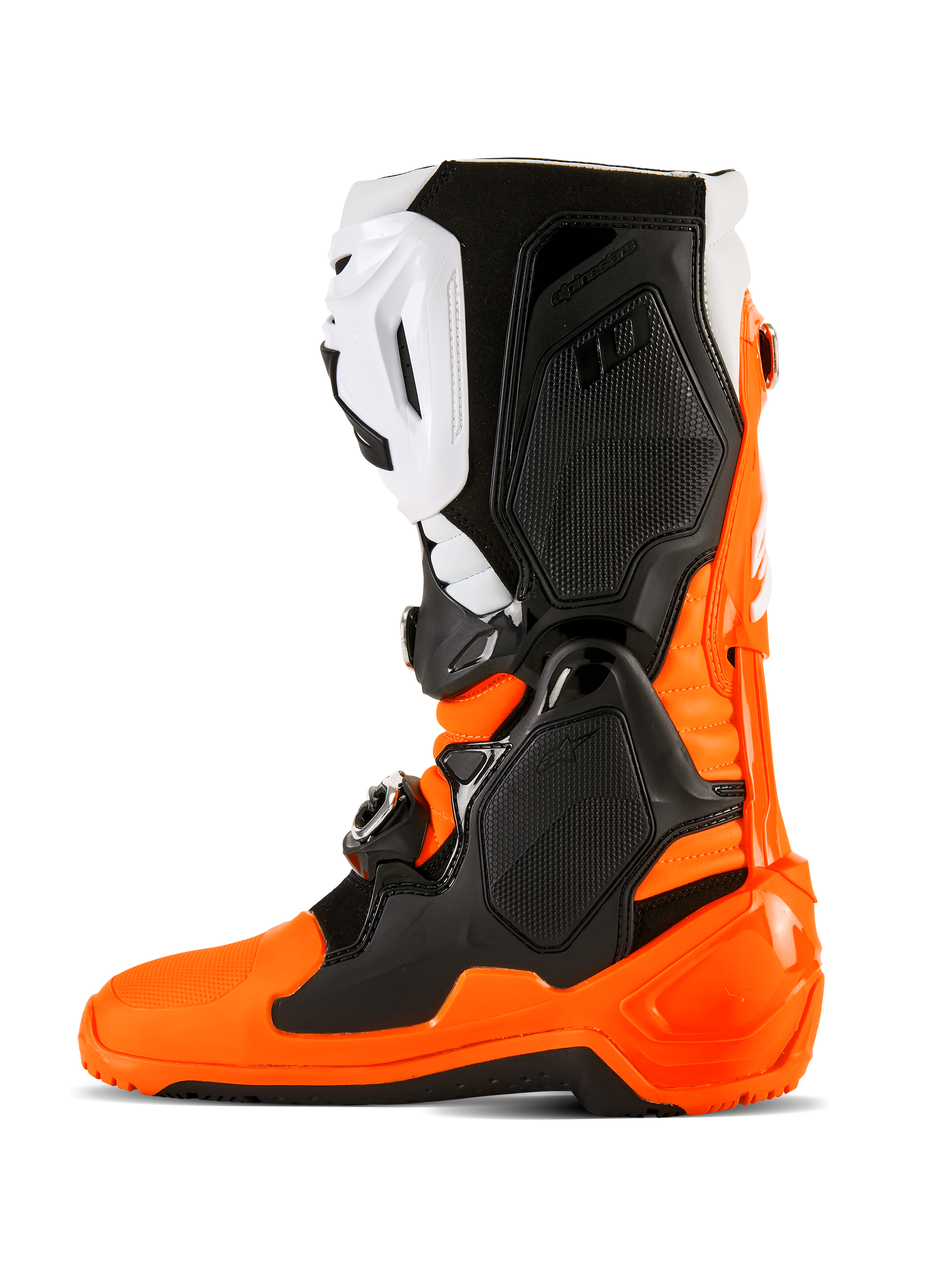 Alpinestars Tech 10 Enduro Stiefel, Orange Fluo Schwarz und Weiß, Hochleistungs-Motocross- und Offroad-Schuhe, Dreifach-Schnallenverschlusssystem, schützende TPU-Paneele, spezielle Enduro-Dual-Compound-Sohle für verbesserten Grip