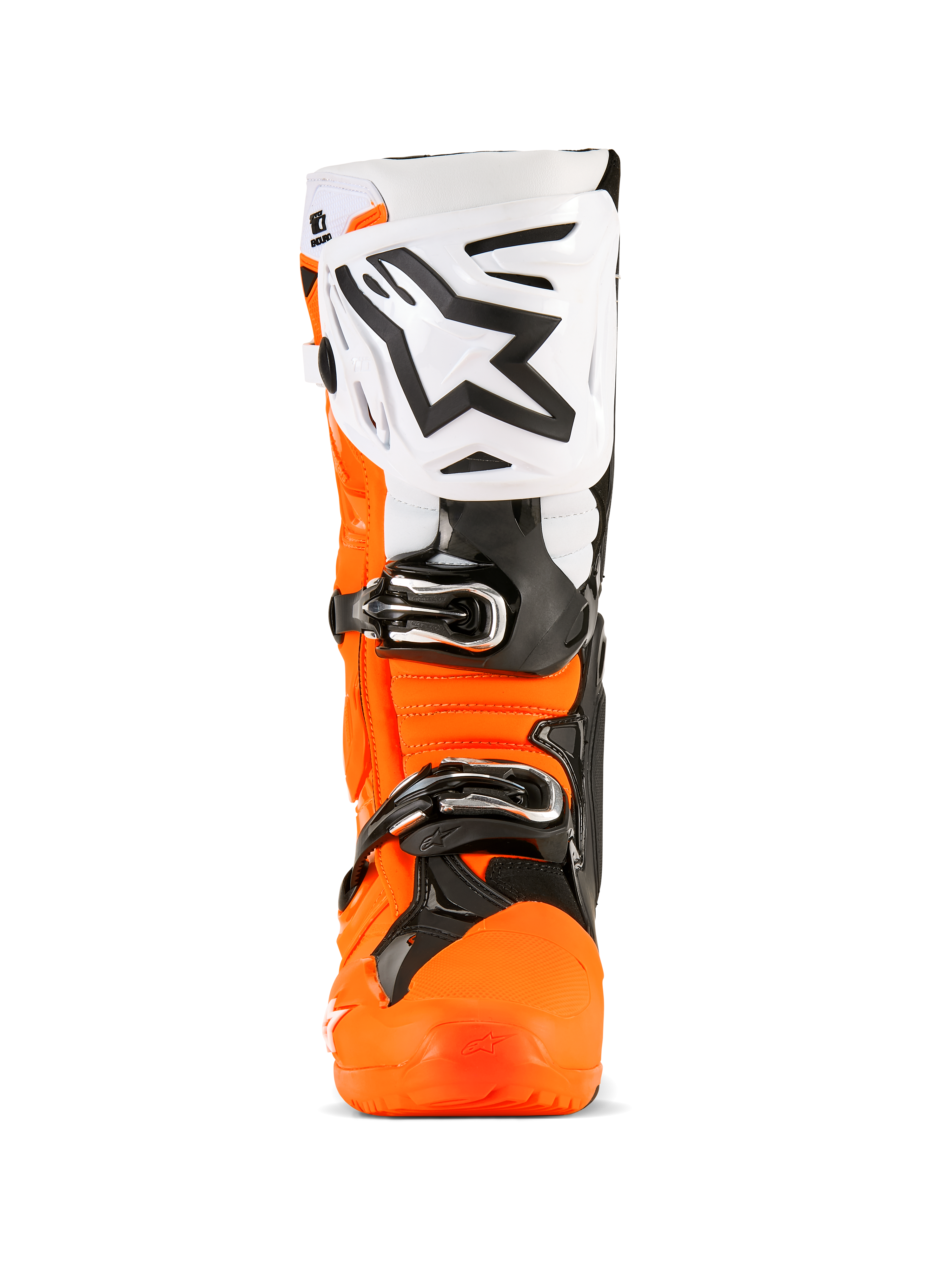 Alpinestars Tech 10 Enduro Stiefel, Motocross-Stiefel, Fluorange, Schwarz und Weiß, Vorderansicht mit großer weißer Schienbeinplatte mit schwarzem Alpinestars-Logo, schwarzen Schnallen und robuster orangefarbener Schutzschale.