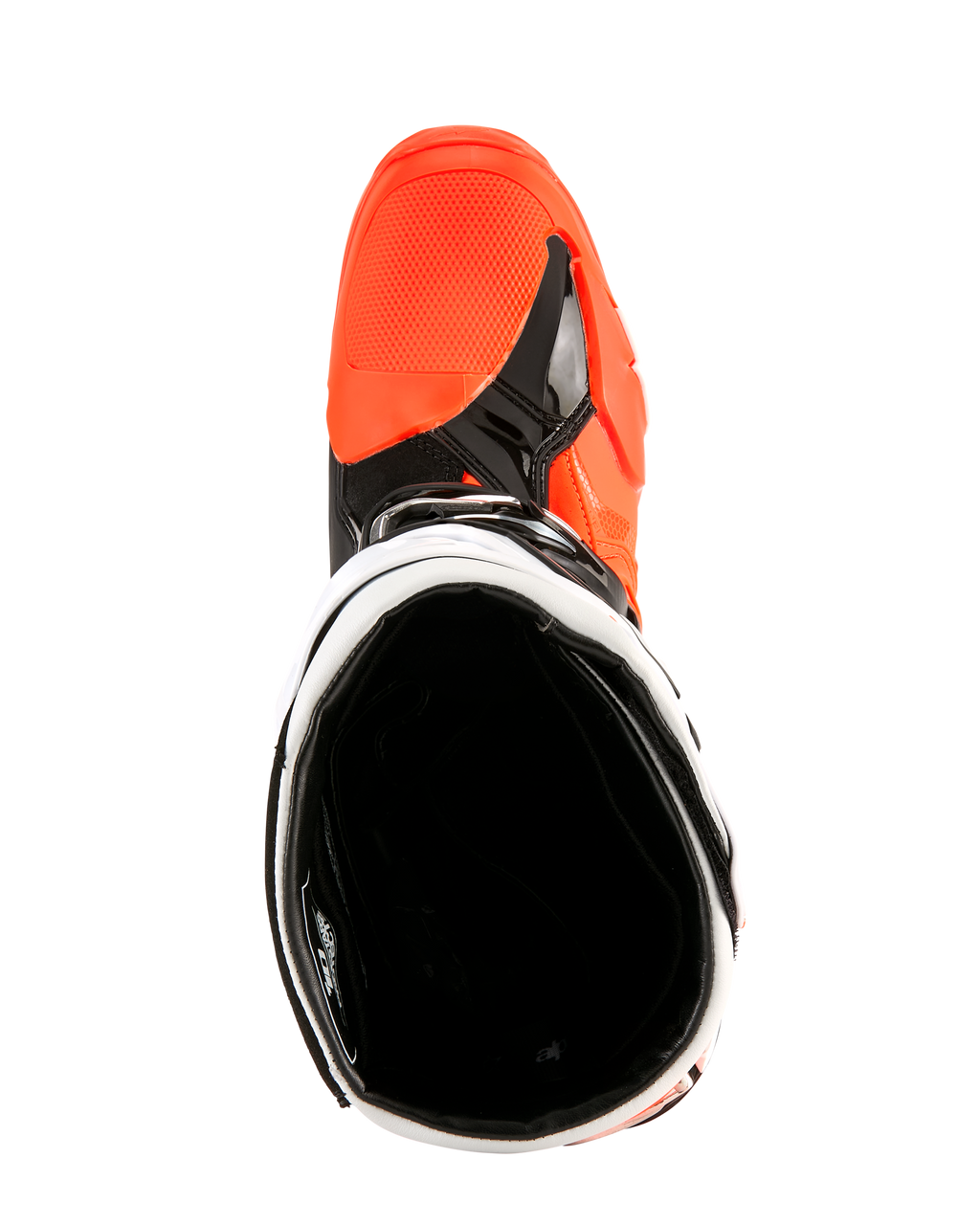 Alpinestars Tech 10 Enduro Stiefel, Orange Fluo Schwarz und Weiß, Draufsicht in die Stiefelöffnung, zeigt das schwarze Innenfutter und den leuchtend orangen Zehenbereich, professionelles Offroad-Motorradschuhwerk