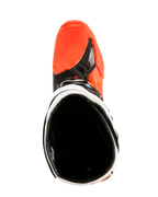 Alpinestars Tech 10 Enduro Stiefel, Orange Fluo Schwarz und Weiß, Draufsicht in die Stiefelöffnung, zeigt das schwarze Innenfutter und den leuchtend orangen Zehenbereich, professionelles Offroad-Motorradschuhwerk