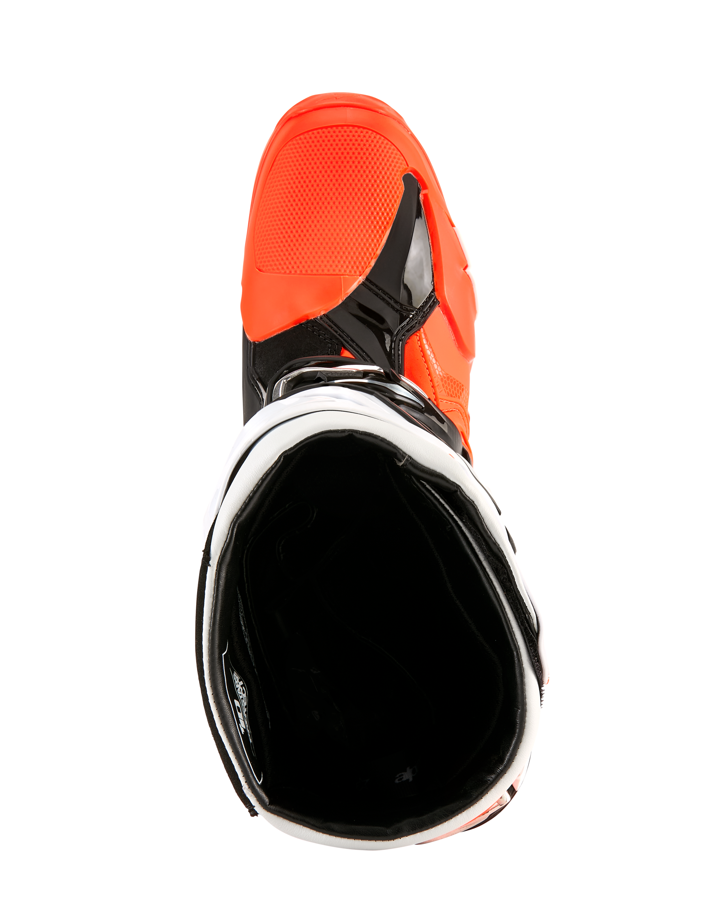 Alpinestars Tech 10 Enduro Stiefel, Orange Fluo Schwarz und Weiß, Draufsicht in die Stiefelöffnung, zeigt das schwarze Innenfutter und den leuchtend orangen Zehenbereich, professionelles Offroad-Motorradschuhwerk