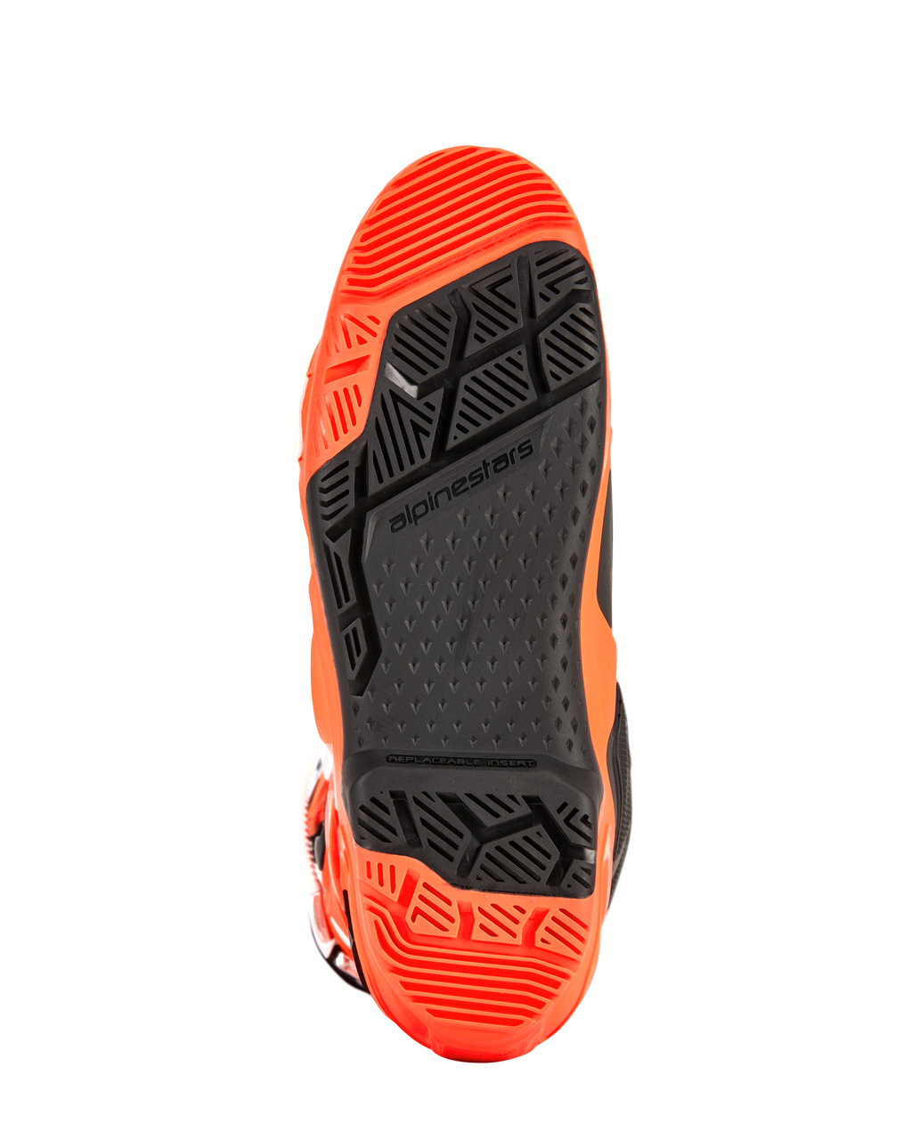 Alpinestars Tech 10 Enduro-Stiefel, Detailansicht der Sohle, Orange Fluo und Schwarz, spezielles Dual-Compound-Profil mit griffigen geometrischen Mustern und austauschbarem Fußrasteneinsatz für Offroad-Performance.