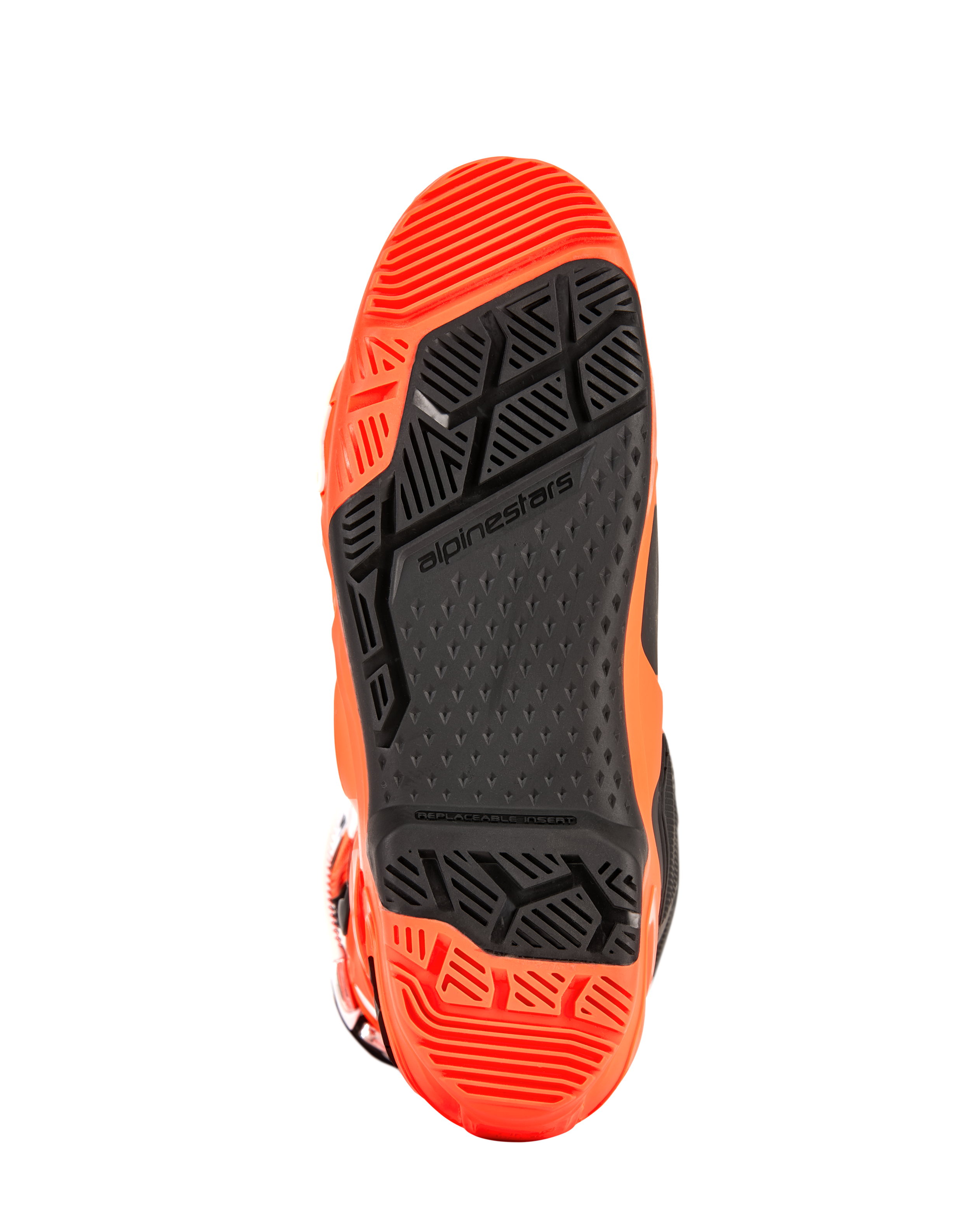 Alpinestars Tech 10 Enduro-Stiefel, Detailansicht der Sohle, Orange Fluo und Schwarz, spezielles Dual-Compound-Profil mit griffigen geometrischen Mustern und austauschbarem Fußrasteneinsatz für Offroad-Performance.