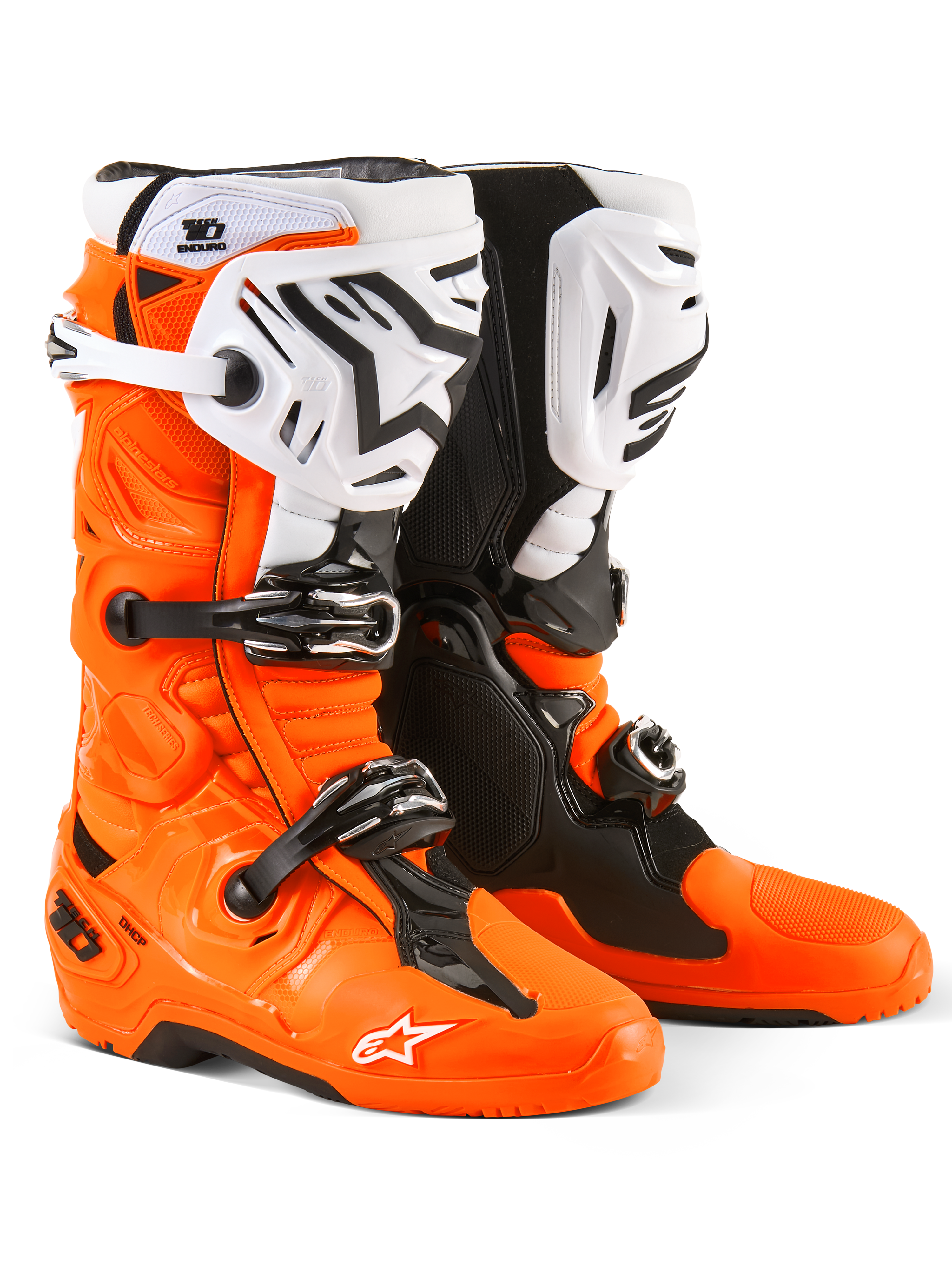 Alpinestars Tech 10 Enduro Stiefel, Motocross- und Enduro-Stiefel, Fluorange, Schwarz und Weiß, mit dreifachem Schnallenverschlusssystem, weißen Schienbeinplatten mit schwarzem Alpinestars-Logo und robusten Doppelverbundsohlen, schützendes Offroad-Schuhwerk