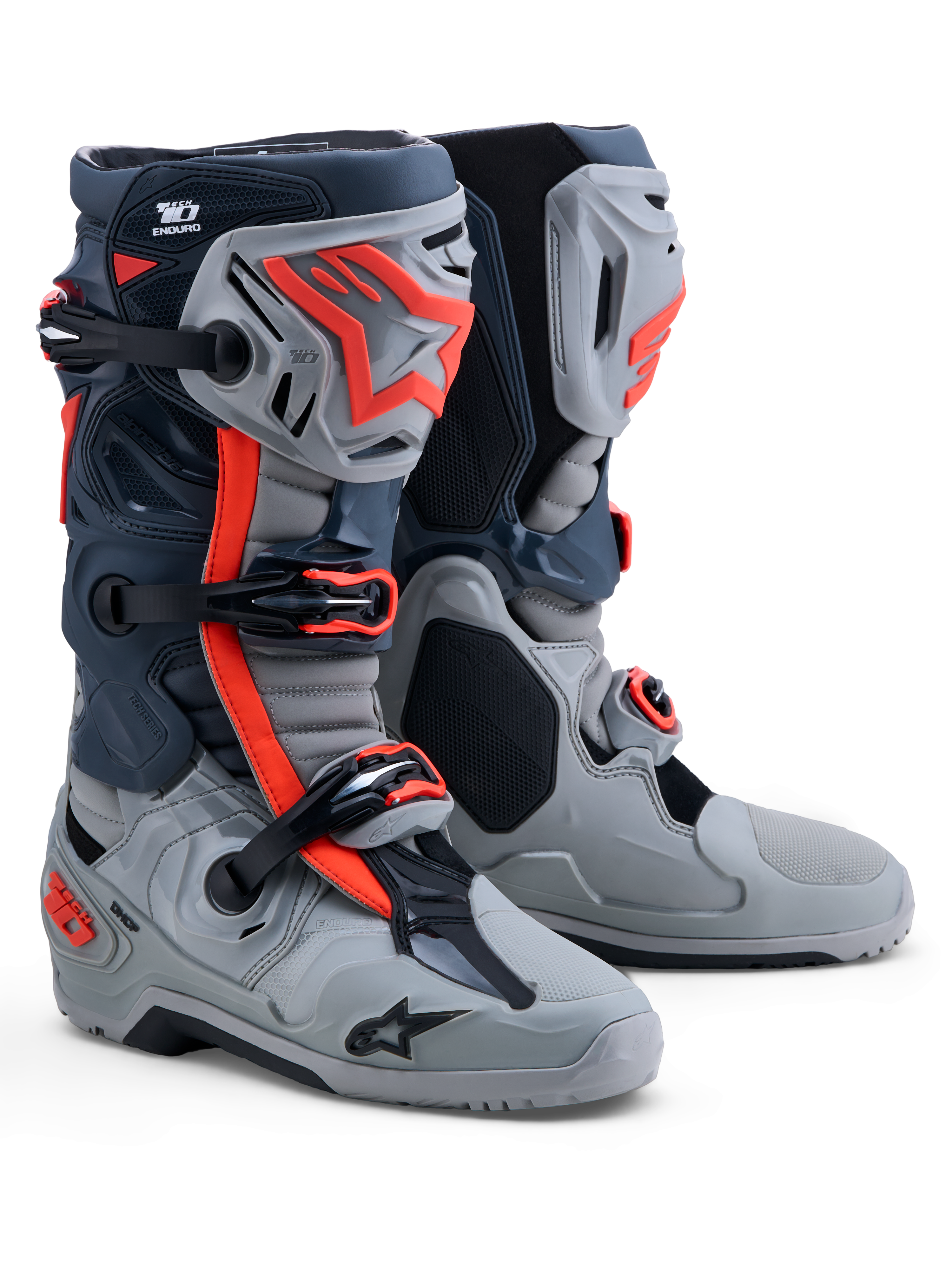 Alpinestars Tech-10 Enduro laarzen, off-road herenlaarzen in grijs en rood fluo, TPU-bescherming, CE-gecertificeerd.