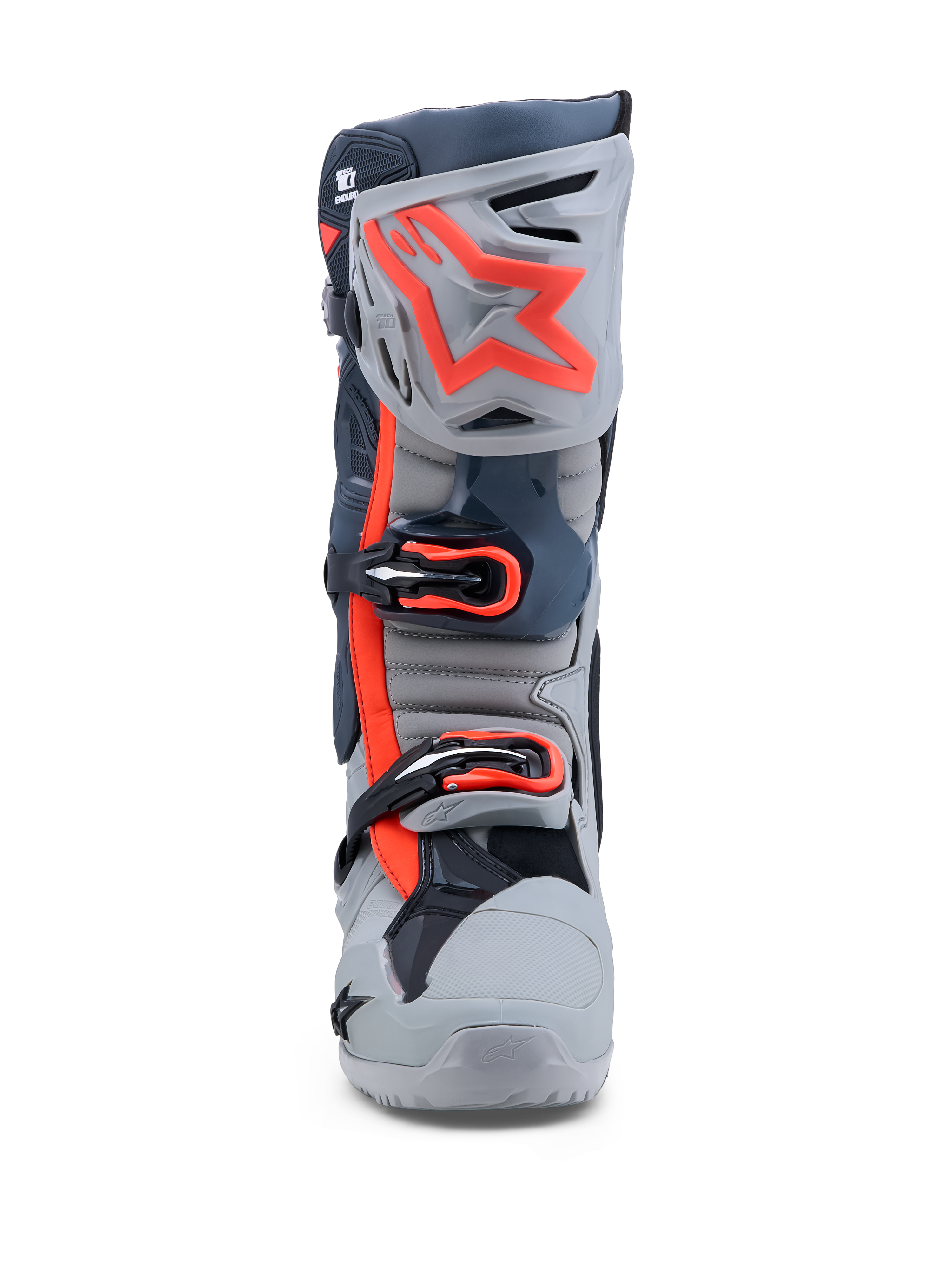 Alpinestars Tech-10 Enduro laarzen, grijze en fluo rode motorlaarzen met drievoudige gespsluiting en TPU-scheenplaat.