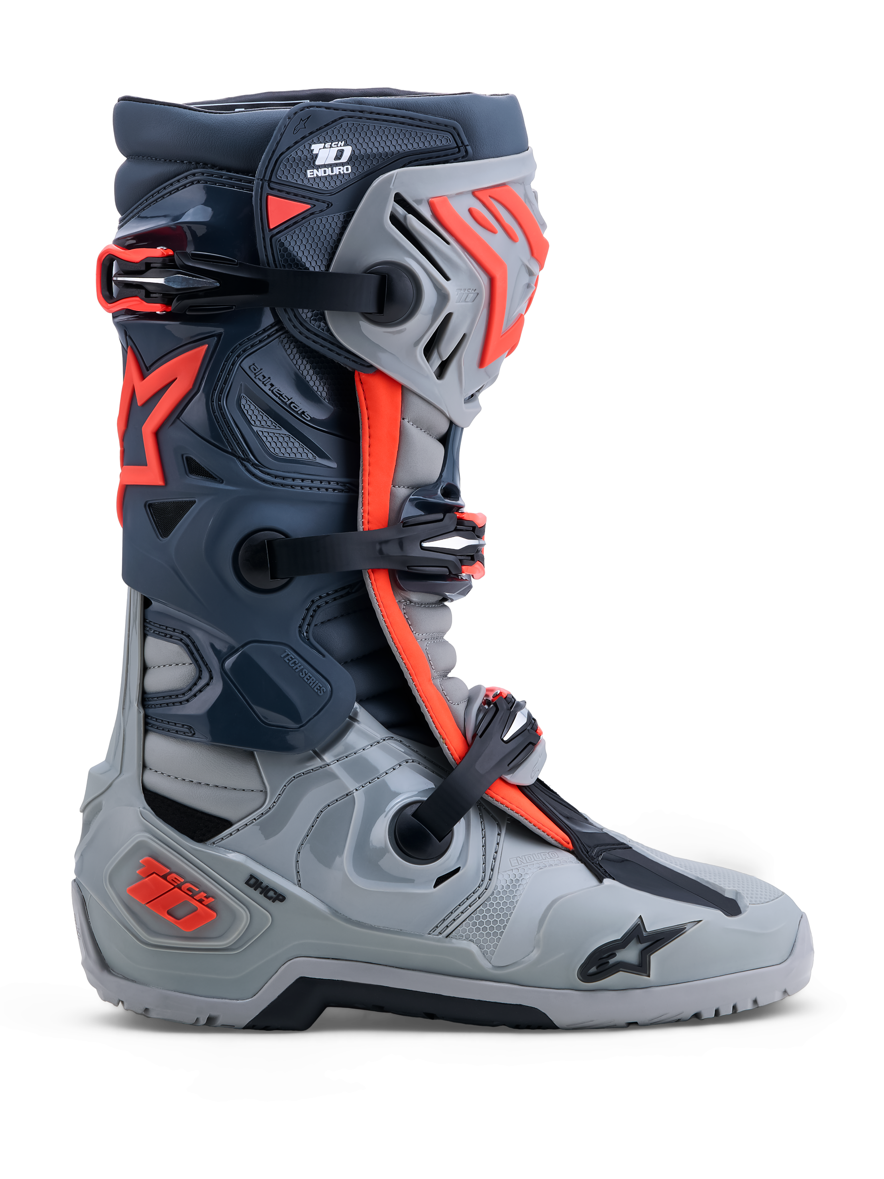 Alpinestars Tech-10 Enduro laarzen, off-road motorlaarzen, grijs en fluo rood, DCHP en TPU-bescherming.