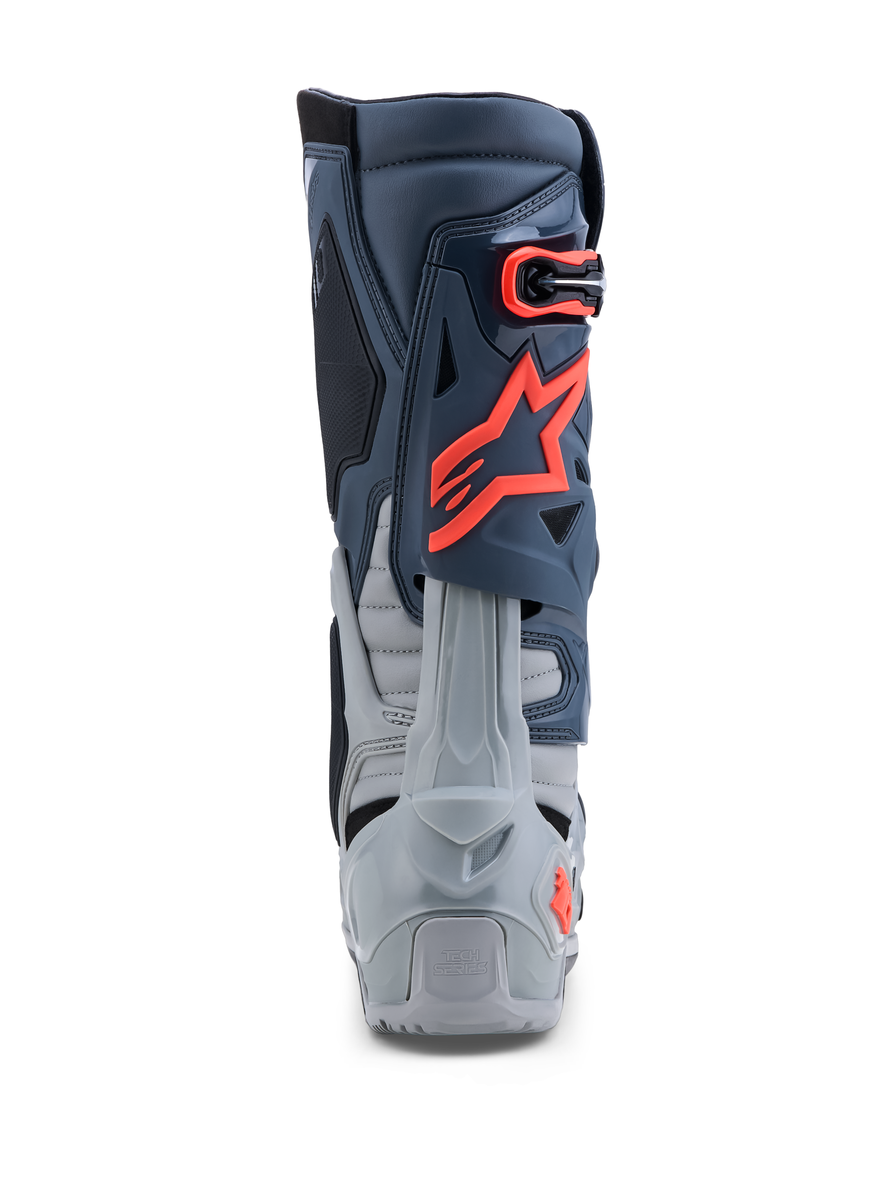 Alpinestars Tech-10 Enduro laarzen, off-road motorlaarzen in grijs en neonrood met TPU-hielbescherming, CE-gecertificeerd.