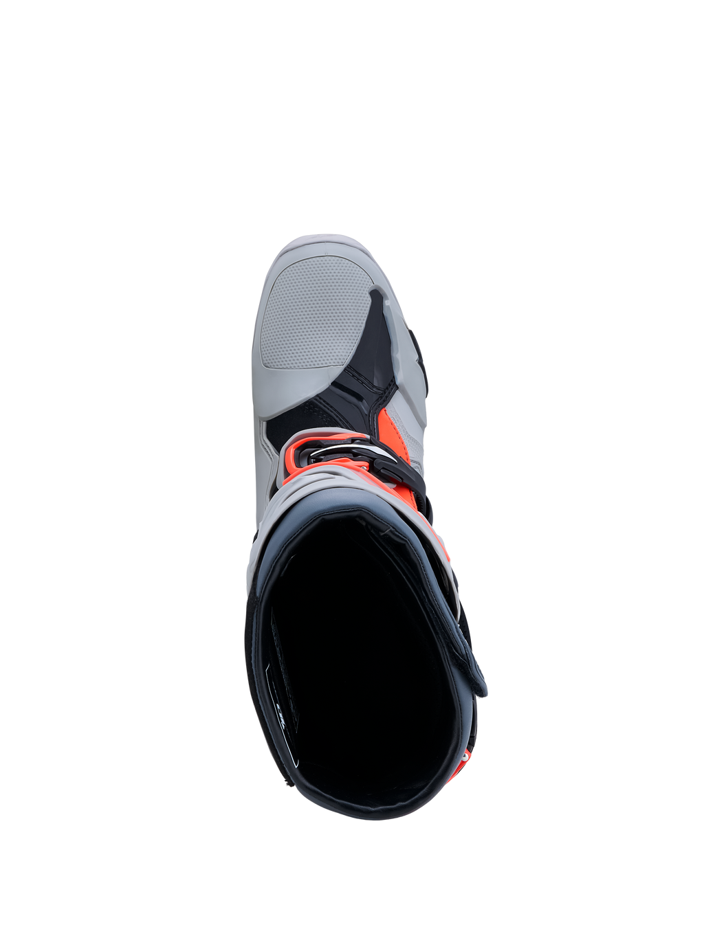 Alpinestars Tech-10 Enduro laarzen, heren motorcrosslaarzen in grijs en fluoriserend rood, bovenaanzicht met binnenvoering en gespsluiting.
