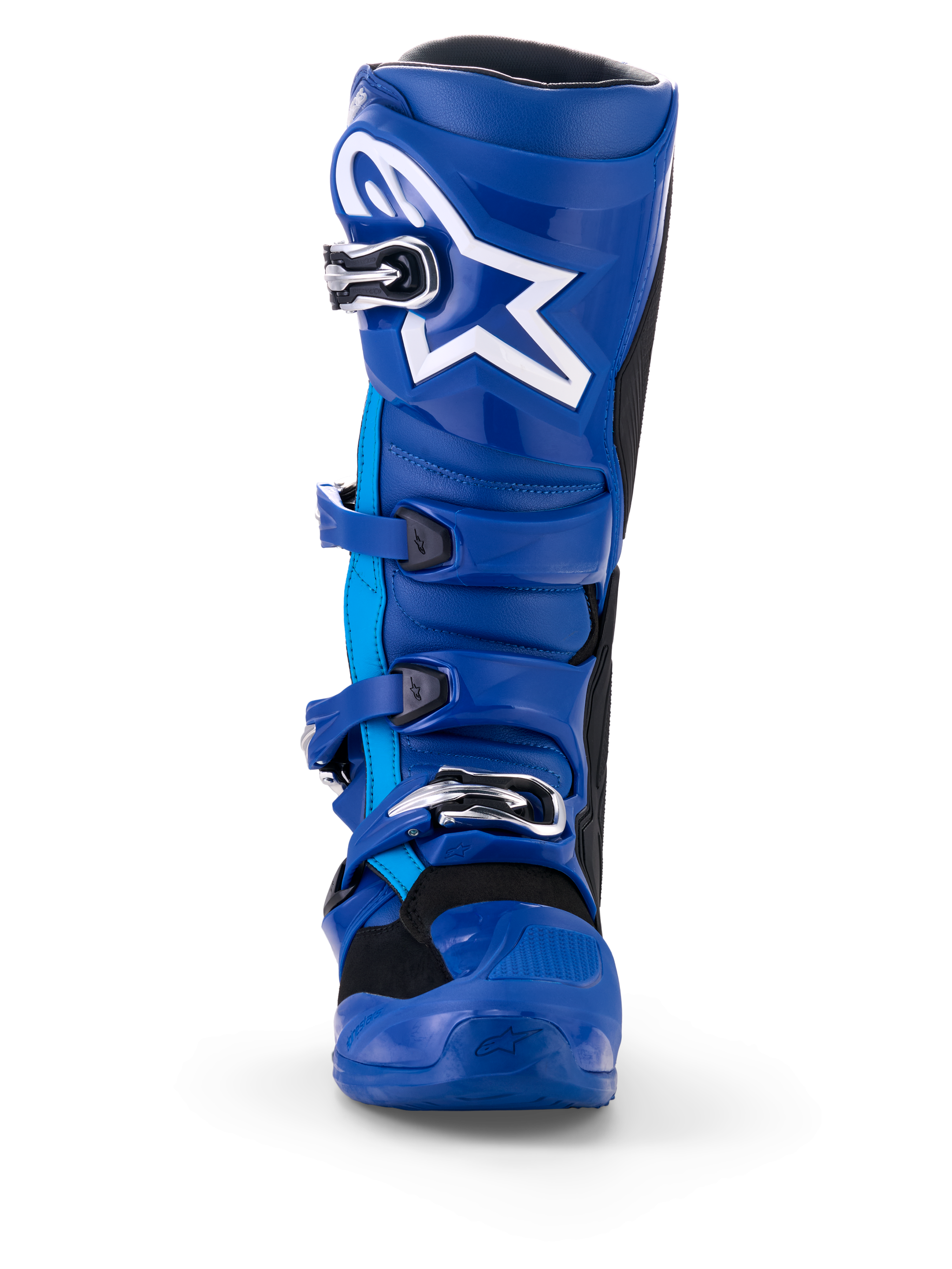 Alpinestars Yamaha Tech 7 laarzen, motorcrosslaarzen, blauw en wit, vooraanzicht, voorzien van wit Astar-logo, zilveren gespsysteem en robuuste TPU-beschermende schaal voor motorcross