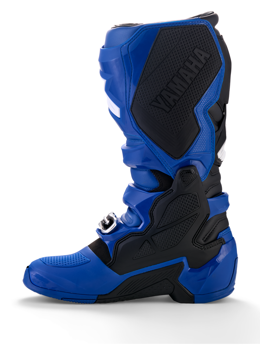 Alpinestars Yamaha Tech 7 laarzen, motorcrosslaarzen, blauw en zwart, voorzien van een groot zwart Yamaha-logo op het binnenste mediale paneel, TPU-bescherming en een robuuste zool voor off-road prestaties