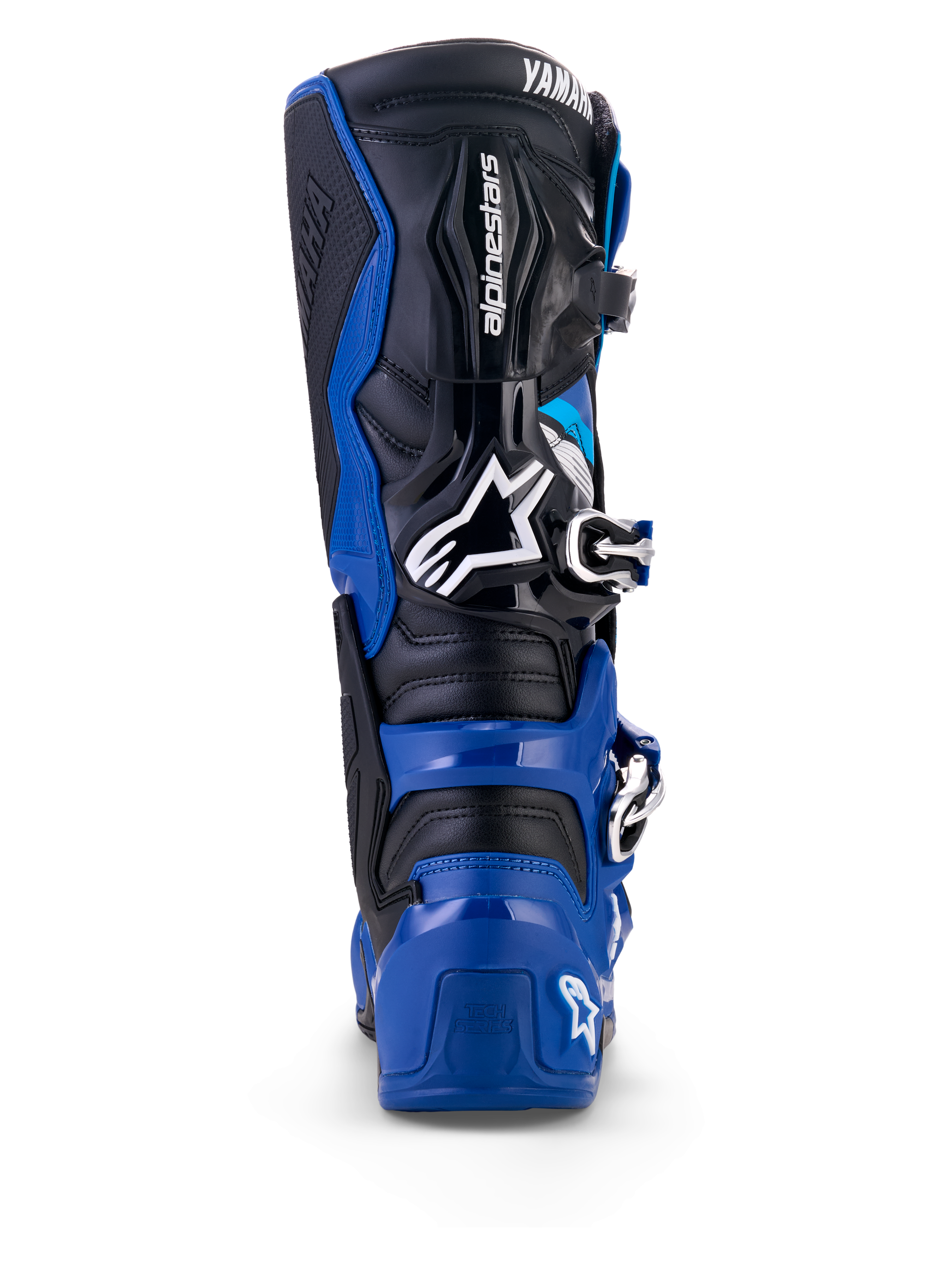 Achteraanzicht van Alpinestars Yamaha Tech 7 laarzen in blauw, zwart en wit, voorzien van een beschermende TPU-schaal, scharnierend enkelsysteem en opvallende Alpinestars- en Yamaha-logo's, ontworpen voor motorcross en off-road rijden.