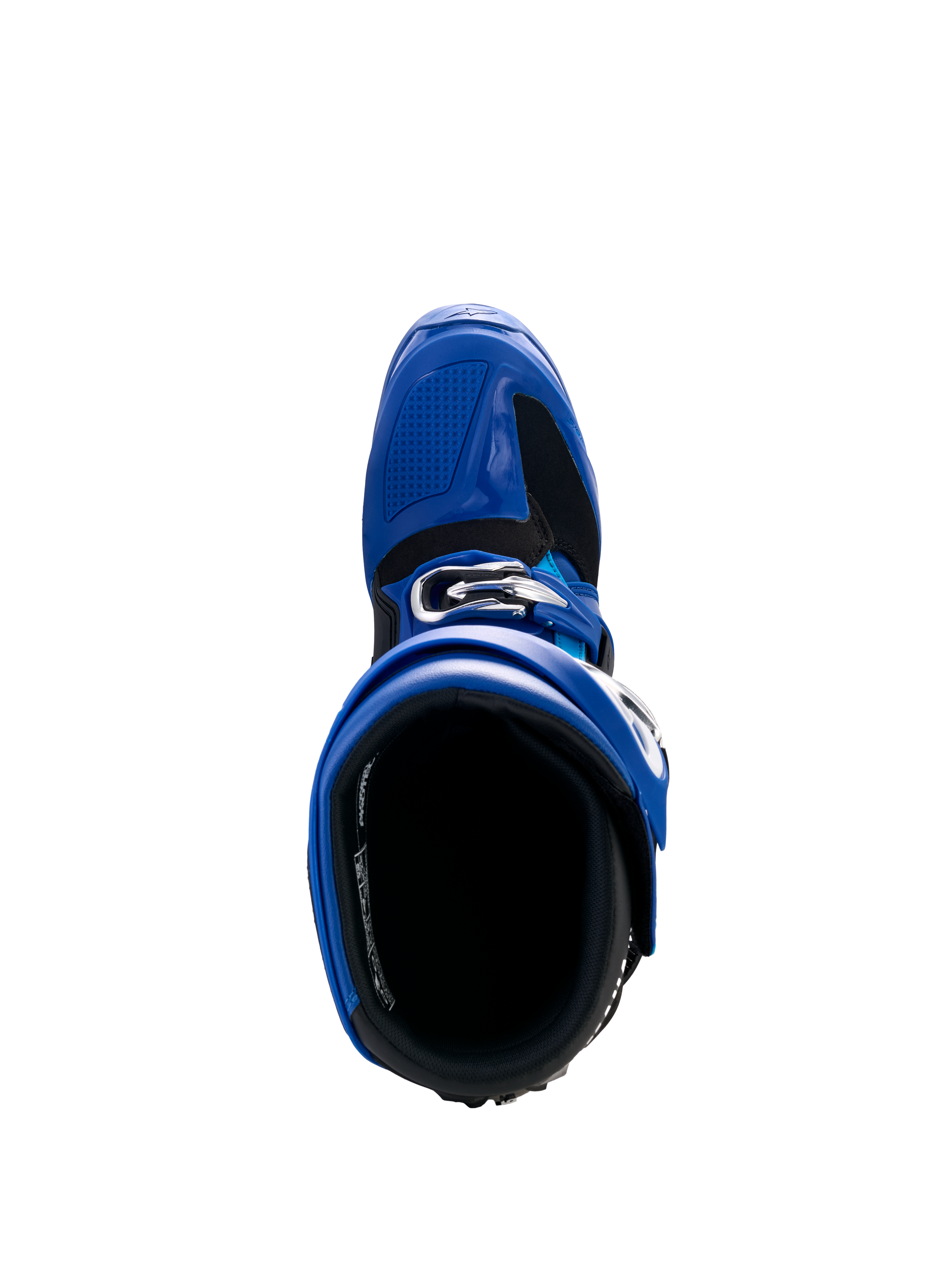 Alpinestars Yamaha Tech 7 laarzen, motorcrosslaarzen, blauw, zwart en wit, bovenaanzicht met de binnenopening en het verstelbare gespsysteem, hoogwaardig beschermend schoeisel voor off-road racen