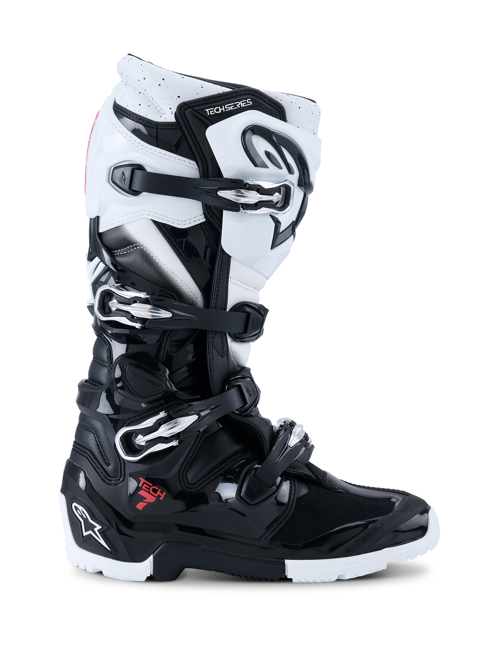 Bottes Alpinestars Tech 7 Enduro 2026, bottes de moto tout-terrain, noir et blanc, avec quatre boucles métalliques, panneaux de protection en TPU haute résistance, semelle robuste à double composé et logo Alpinestars sur le talon et le tibia