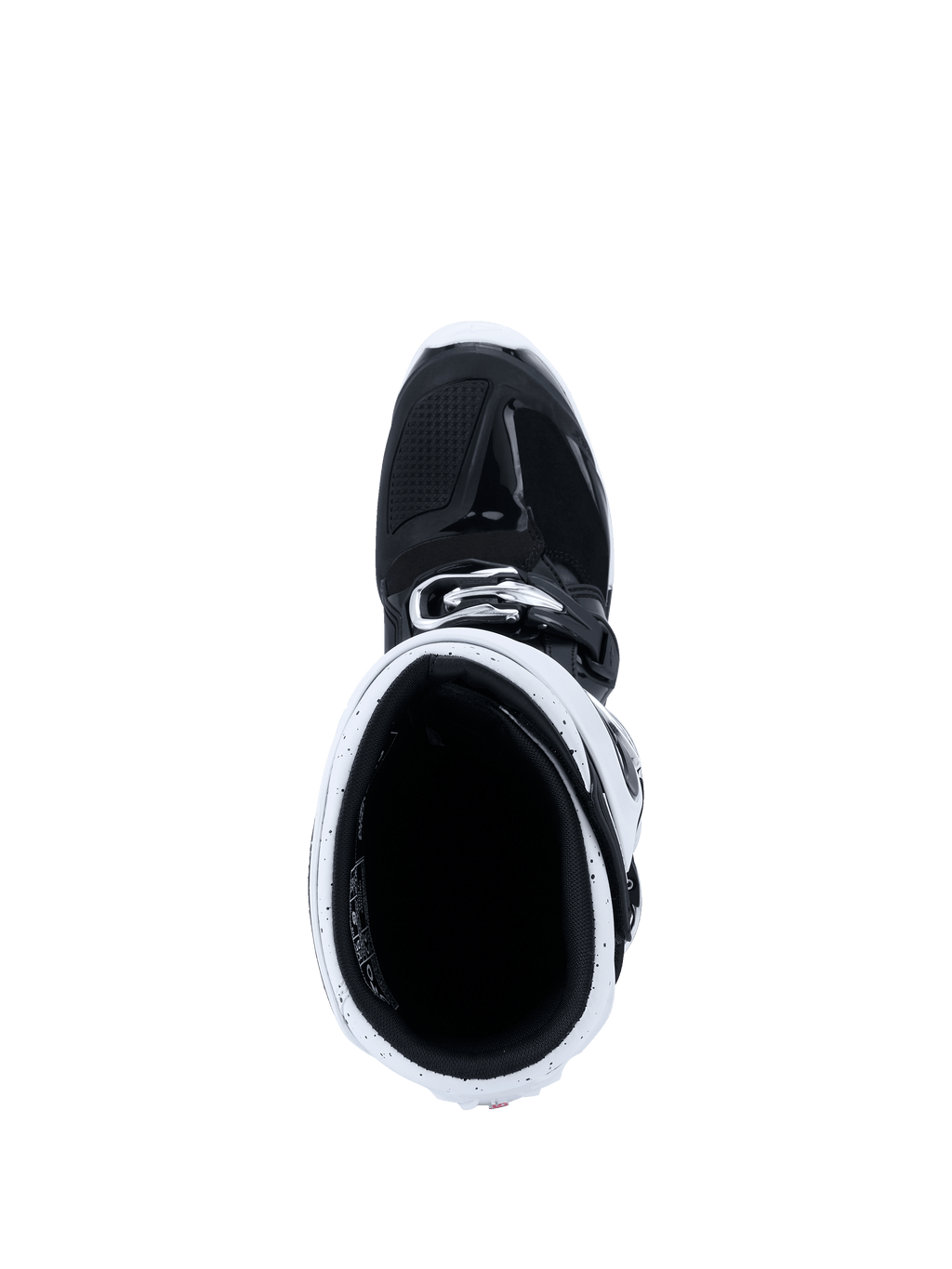 Bottes Alpinestars 2026 Tech 7 Enduro, bottes de motocross, noir et blanc, vue de dessus montrant la guêtre blanche et l'intérieur noir de la botte, équipement spécialisé pour le tout-terrain et l'enduro